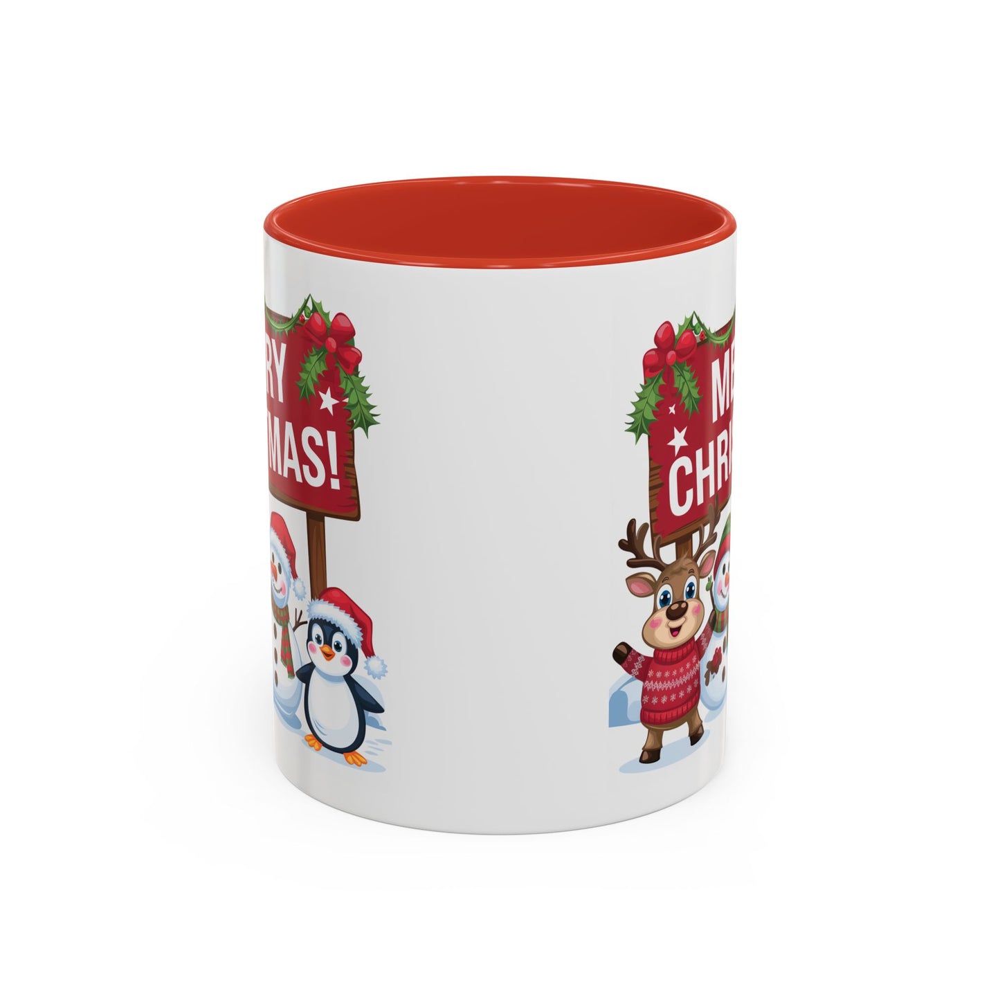 Christmas Mug - Merry Christmas White Text Reindeer Snowmen Penguin