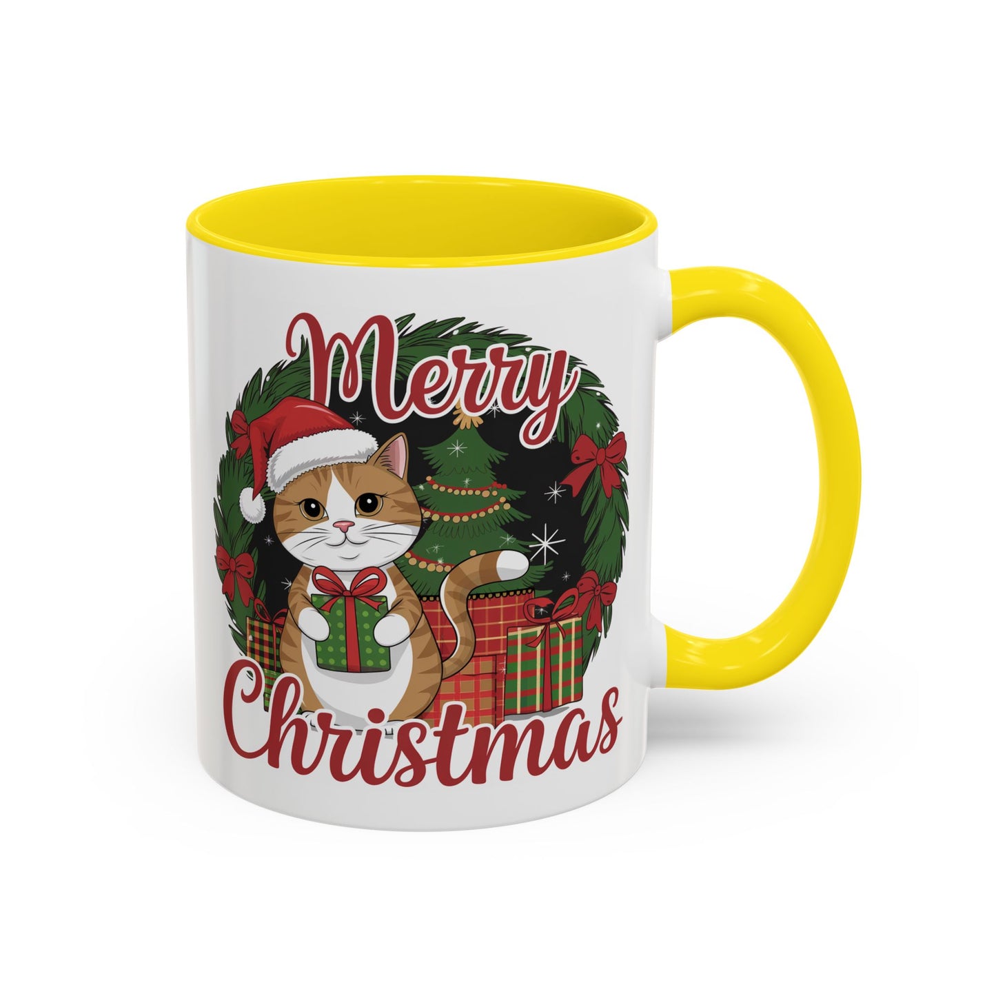 Christmas Mug - Merry Christmas Red Text Cat Presents Wreath