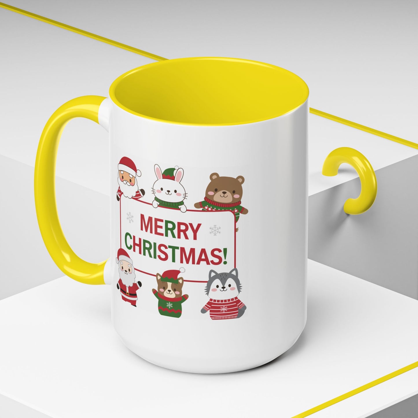Christmas Mug - Merry Christmas Red & Green Text Santa Cute Animals