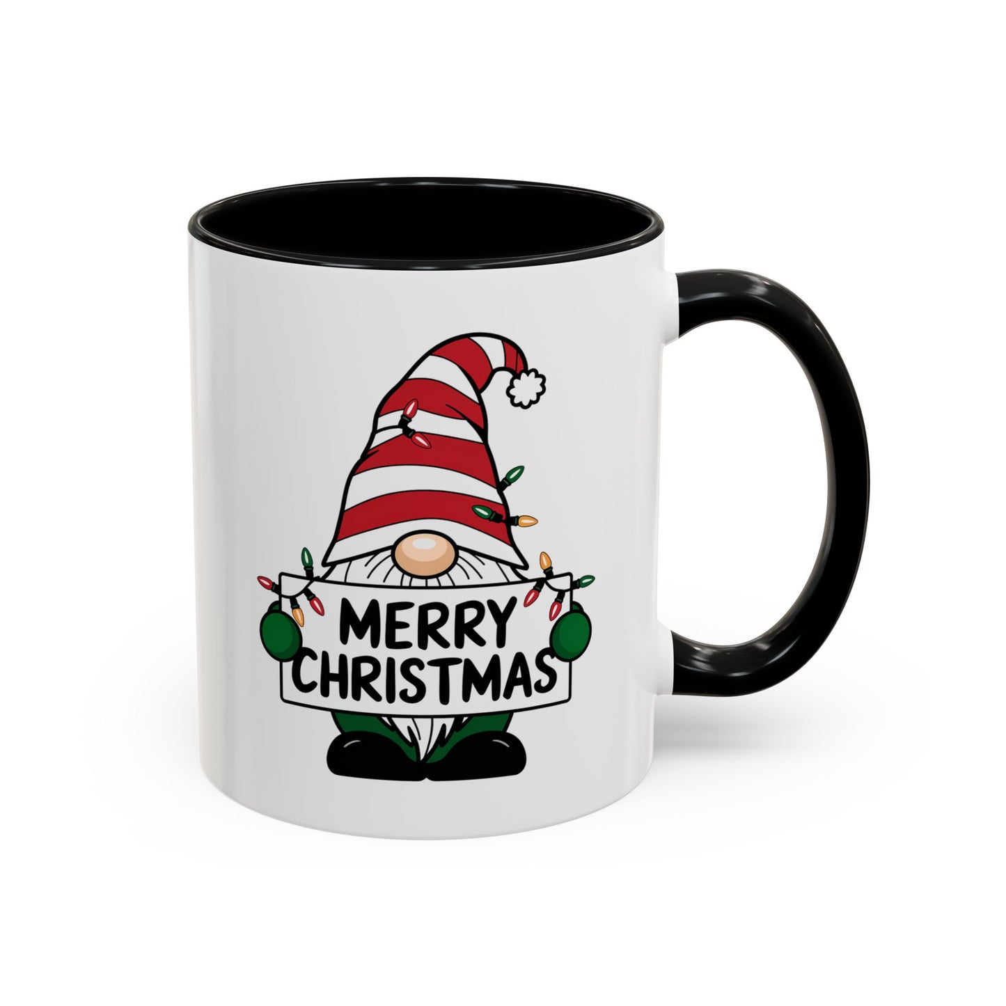 Christmas Mug - Merry Christmas Black Text Gnome Lights
