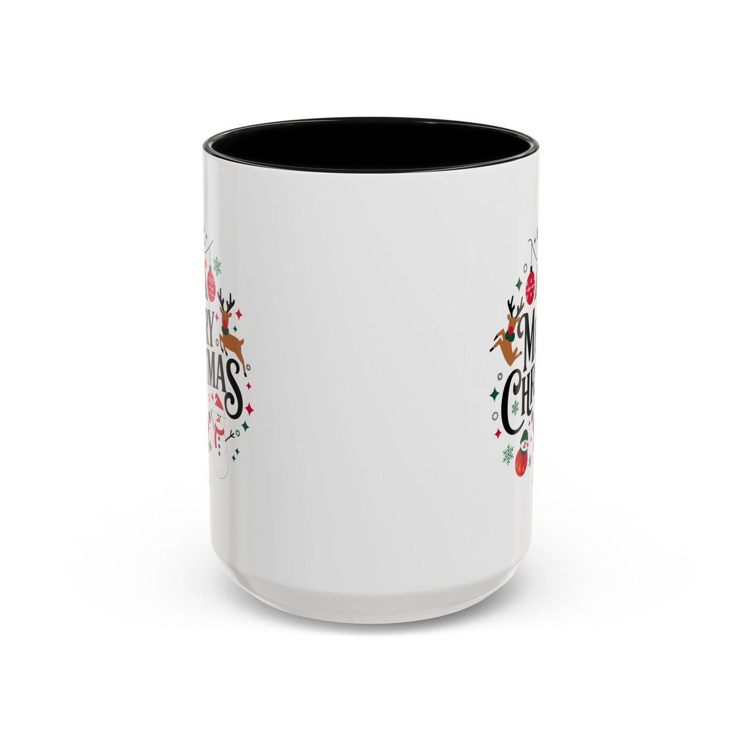 Christmas Mug - Merry Christmas Black Text Santa Reindeer Snowmen Ornaments