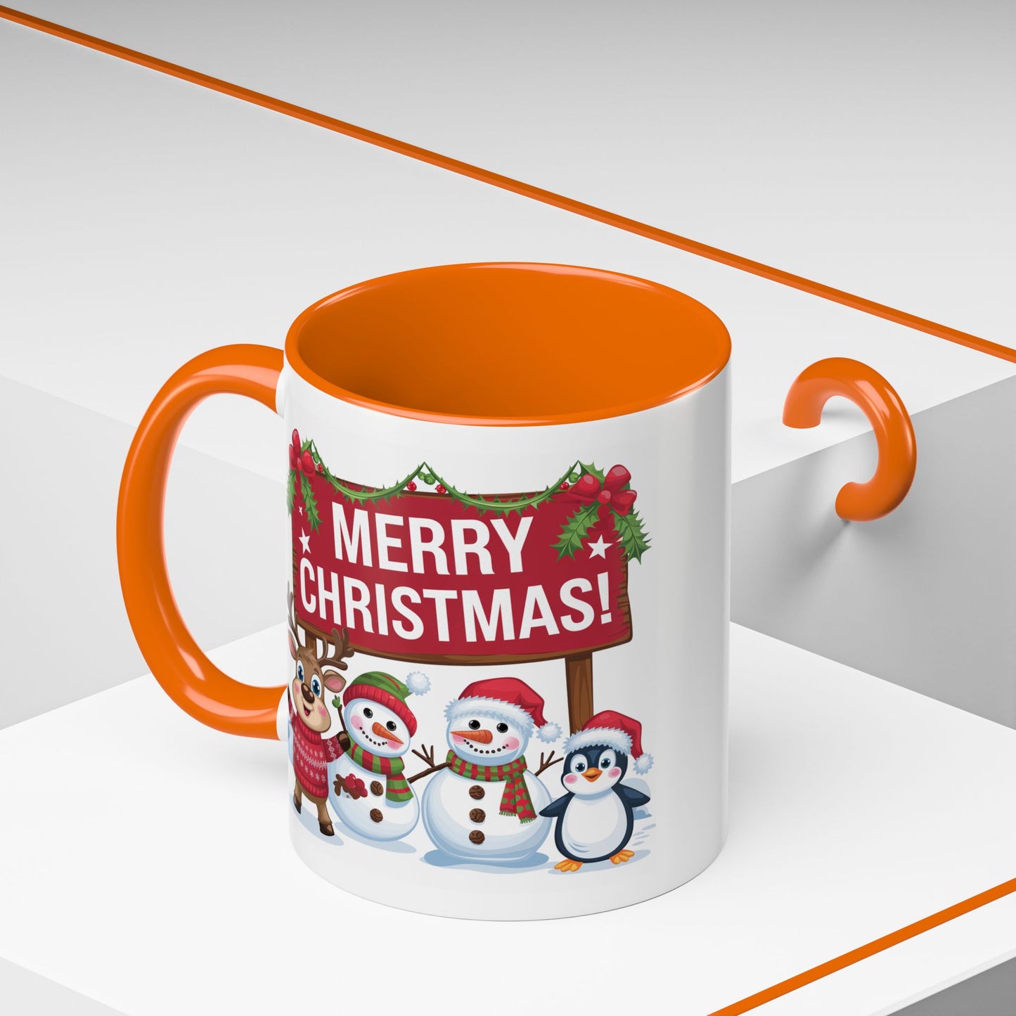 Christmas Mug - Merry Christmas White Text Reindeer Snowmen Penguin