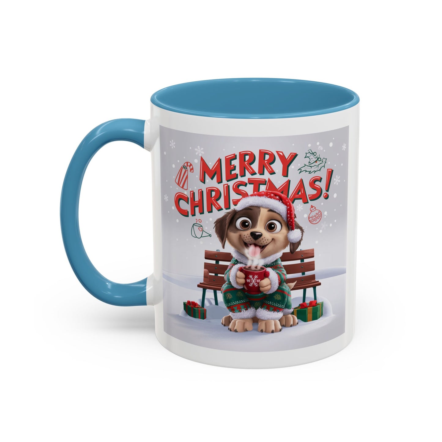 Christmas Mug - Merry Christmas Red Text Puppy Green Top