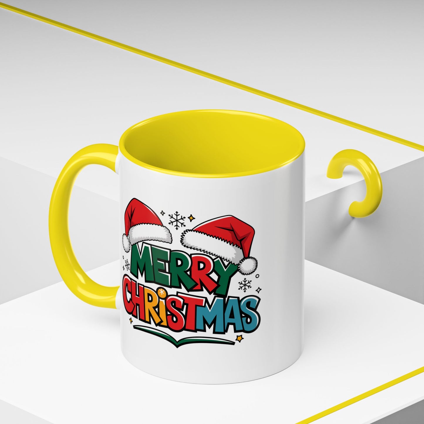 Christmas Mug - Merry Christmas Green Red Yellow and Blue Text Red Hats