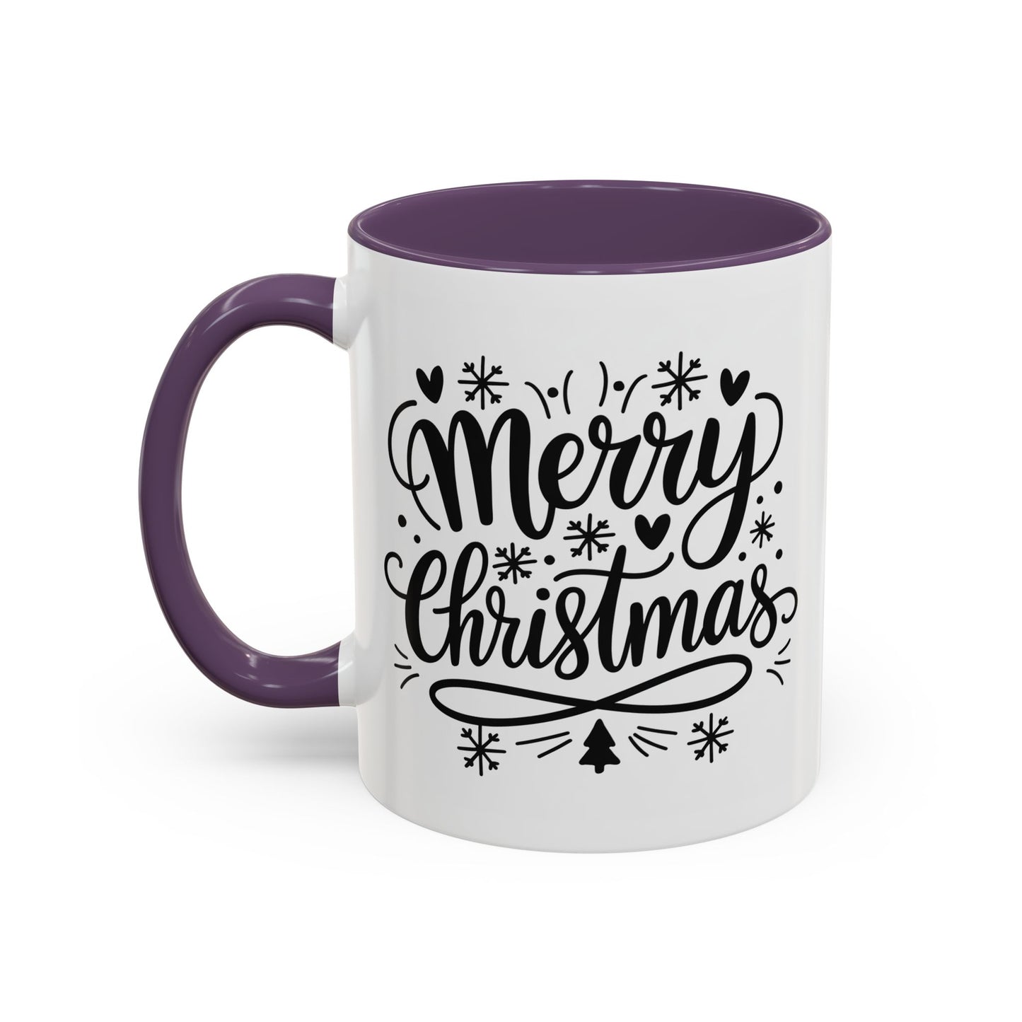 Christmas Mug - Merry Christmas Black Text Tree Snowflakes Hearts
