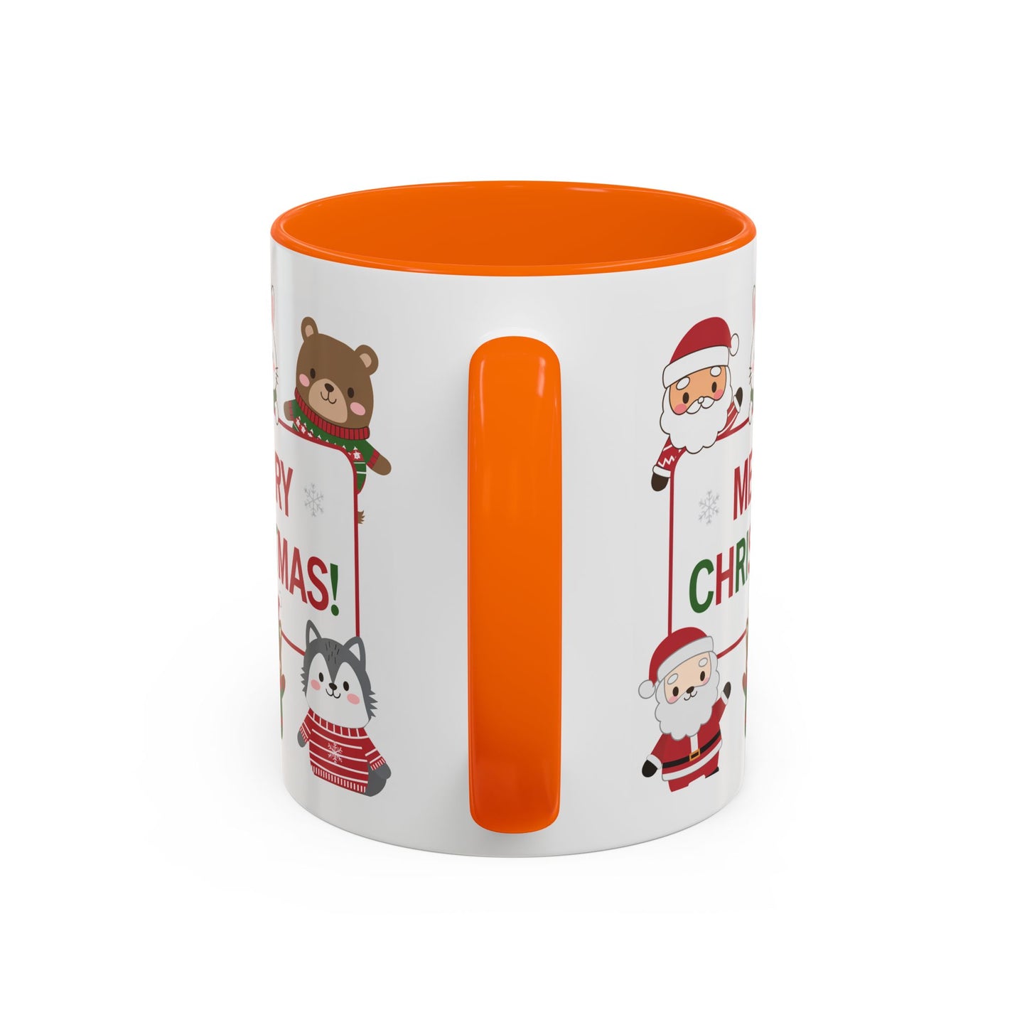 Christmas Mug - Merry Christmas Red & Green Text Santa Cute Animals
