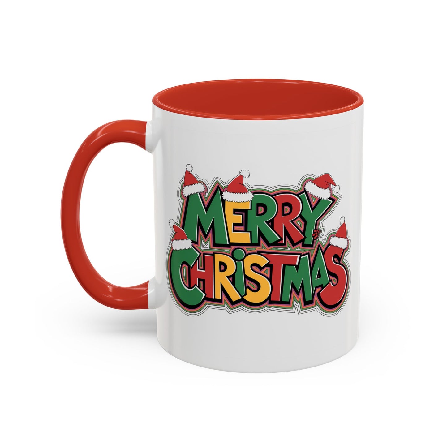 Christmas Mug - Merry Christmas Green Yellow & Red Text Hats