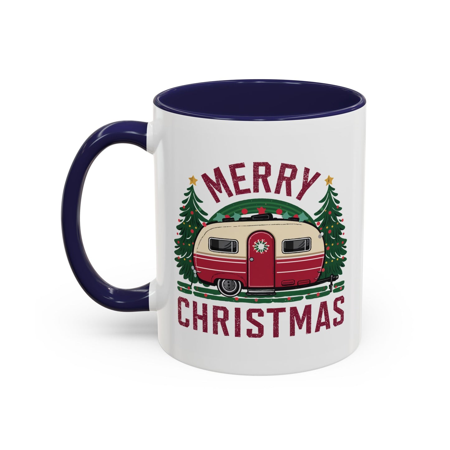 Christmas Mug - Merry Christmas Maroon Text Camper Trees