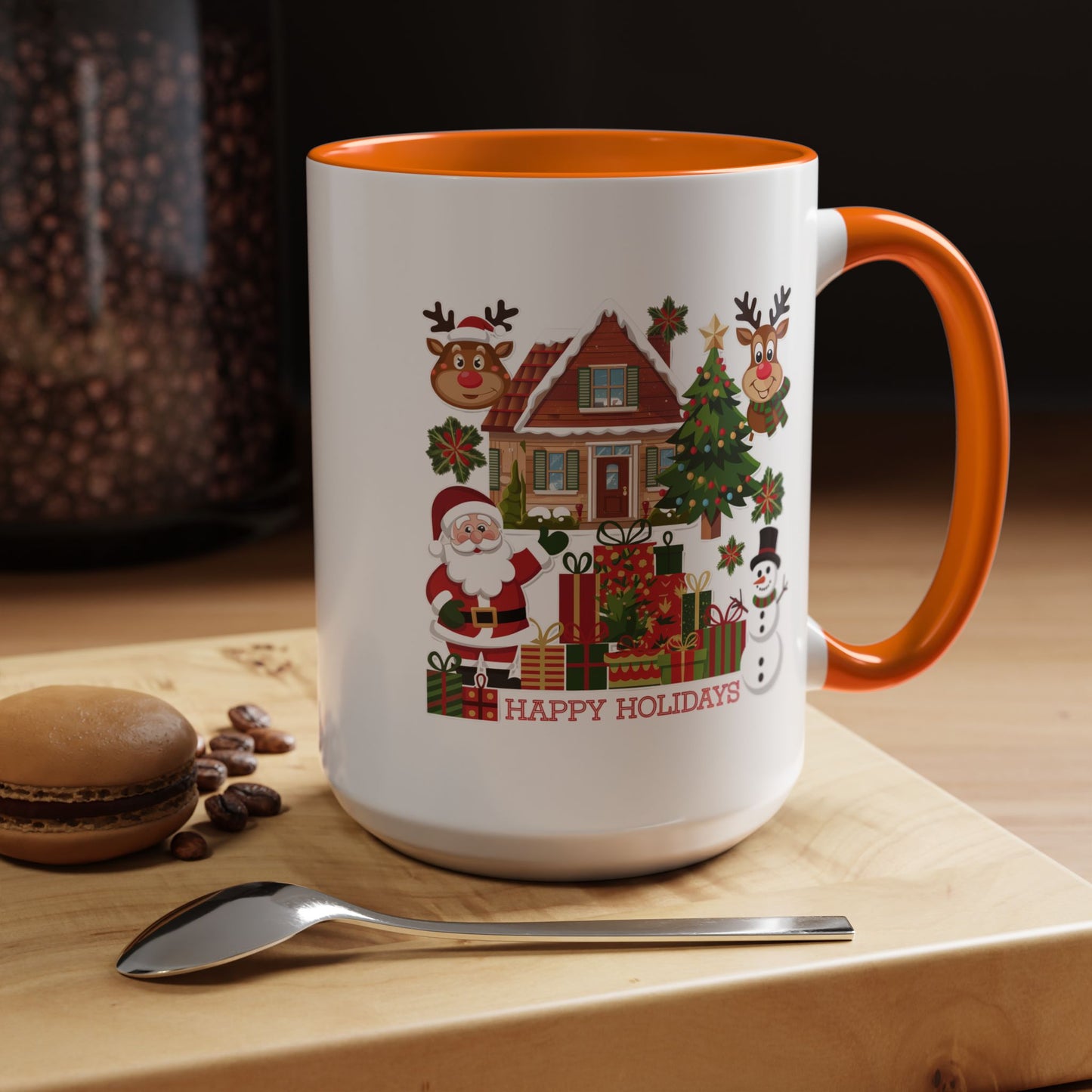 Christmas Mug - Happy Holidays Red Text Reindeer Santa Snowman Presents