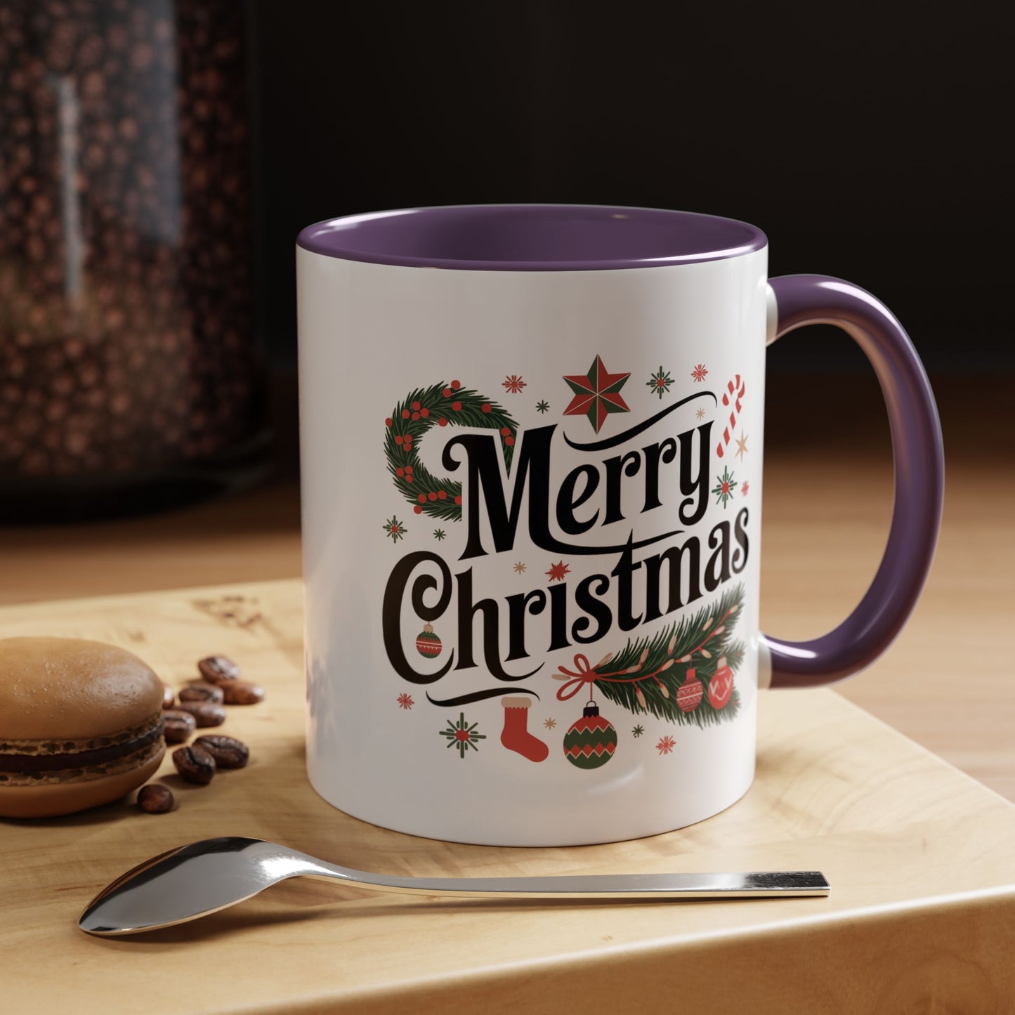Christmas Mug - Merry Christmas Black Text Star Stocking Ornament Candy Cane