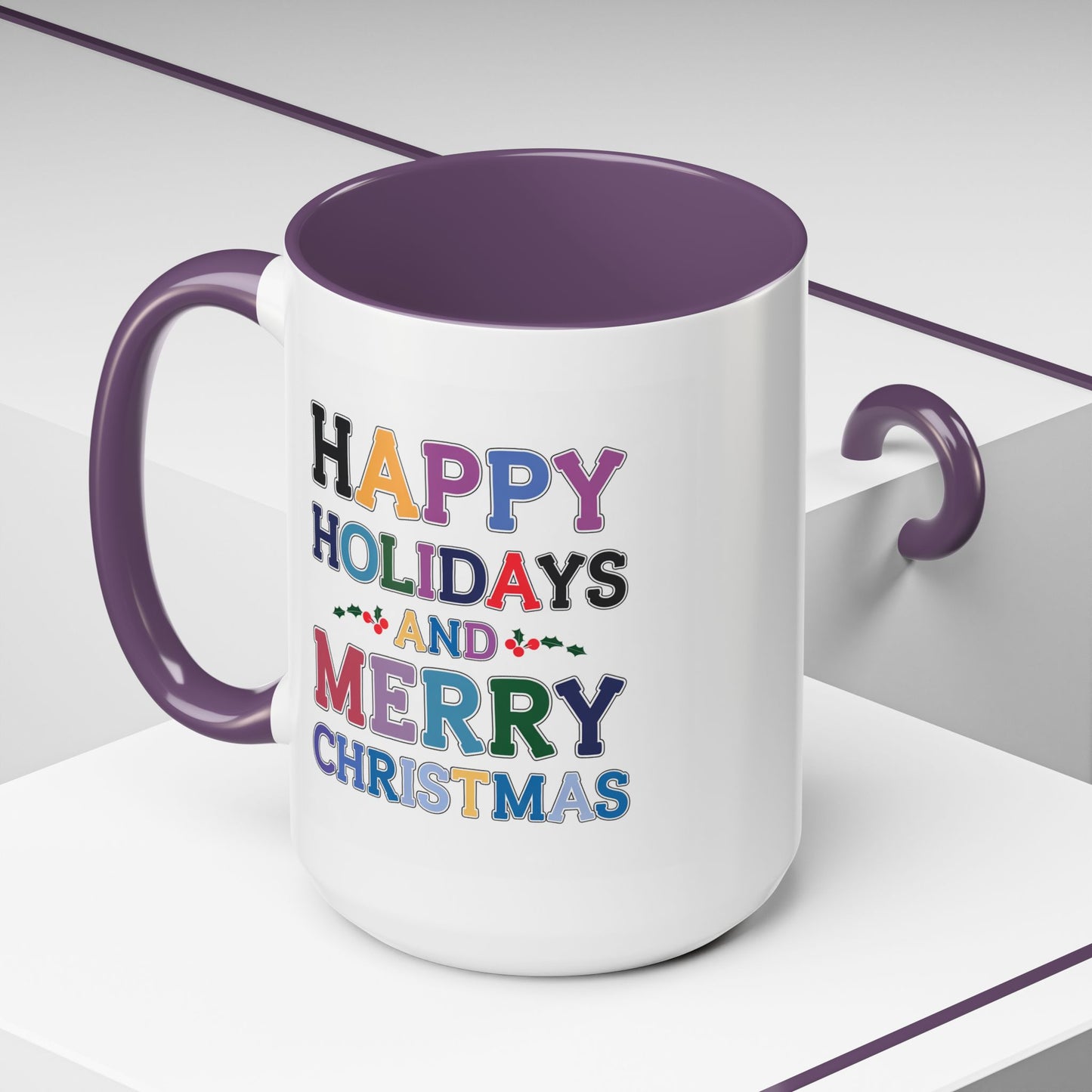 Christmas Mug - Happy Holidays and Merry Christmas Blue Yellow Purple Orange Red Text