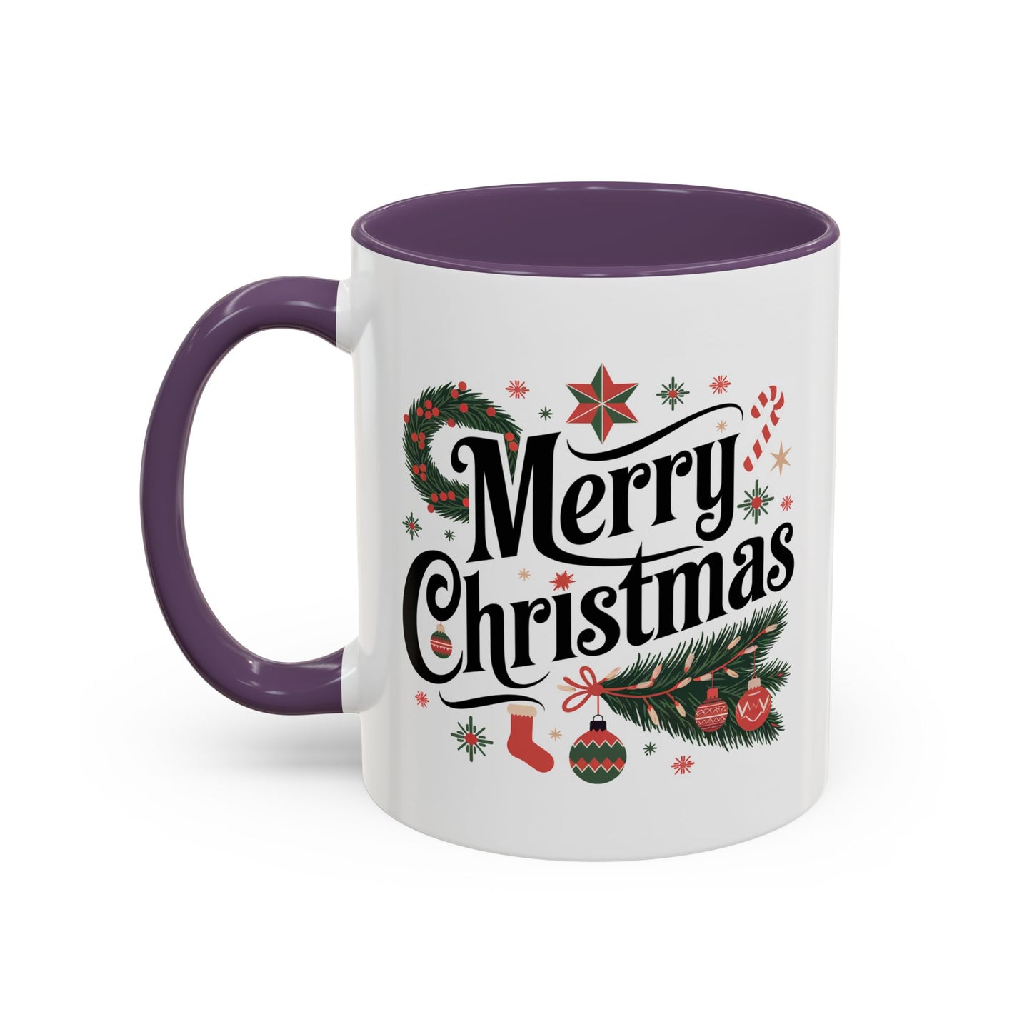 Christmas Mug - Merry Christmas Black Text Star Stocking Ornament Candy Cane