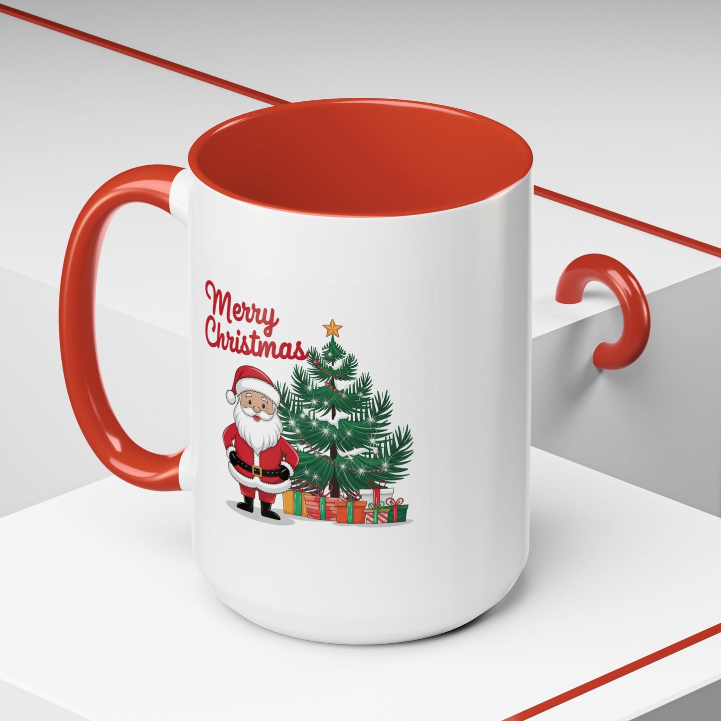 Christmas Mug - Merry Christmas Red Text Santa Tree Presents