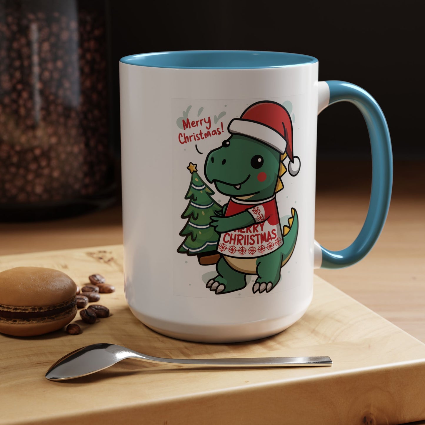 Christmas Mug - Merry Christmas Red Text Dinosaur Tree