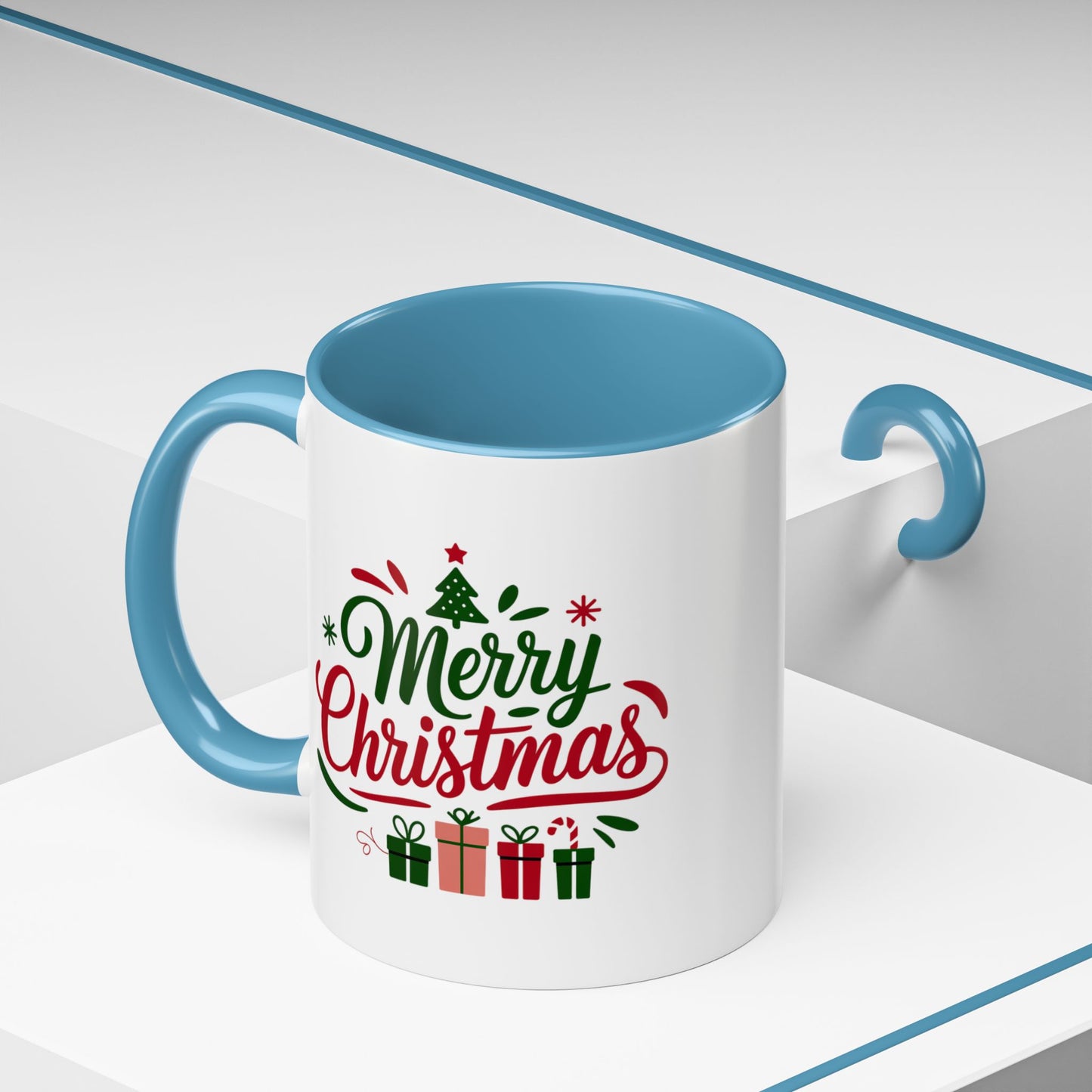 Christmas Mug - Merry Christmas Green & Red Text Tree Snowflakes Presents