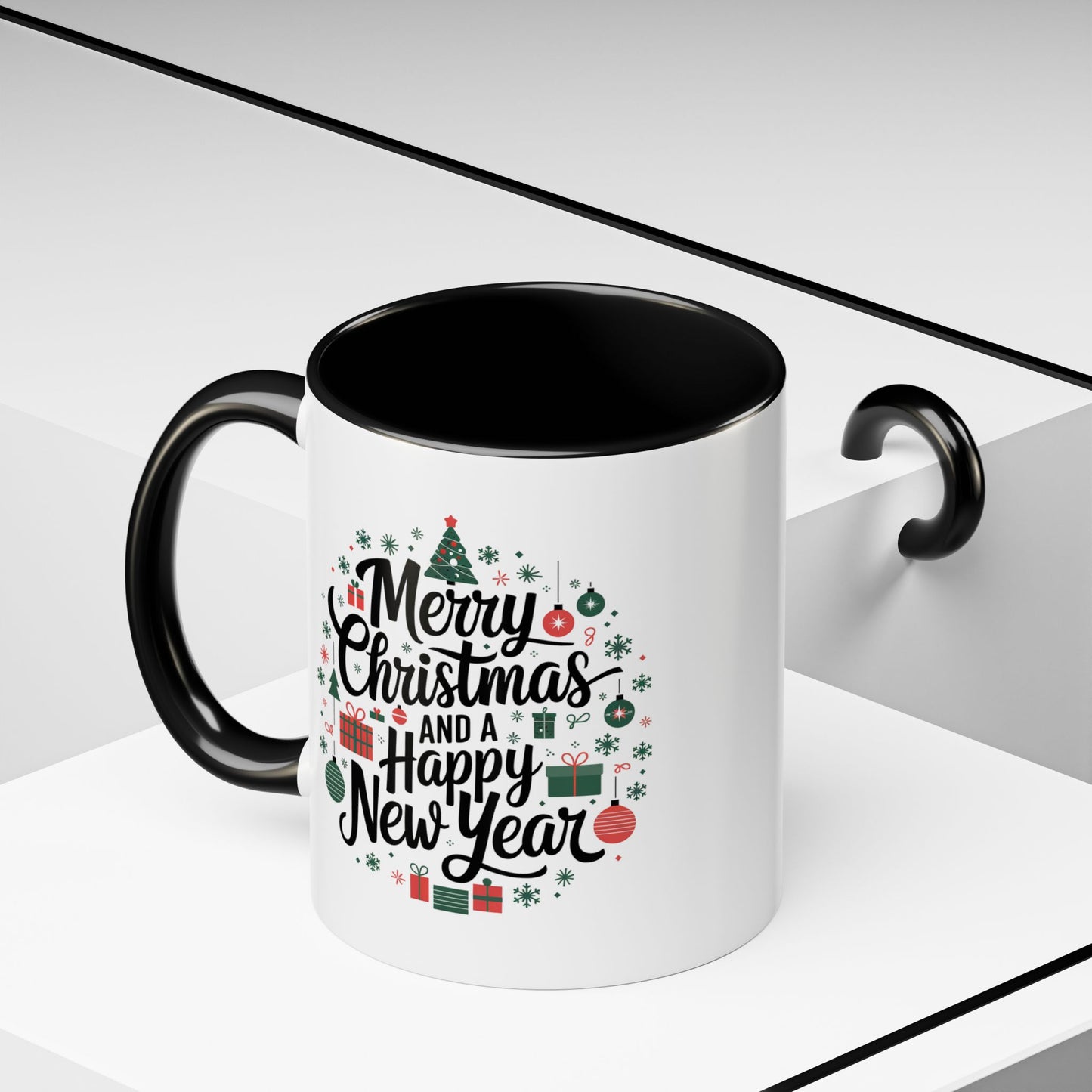 Christmas Mug - Merry Christmas and a Happy New Year Black Text Tree Ornaments Presents