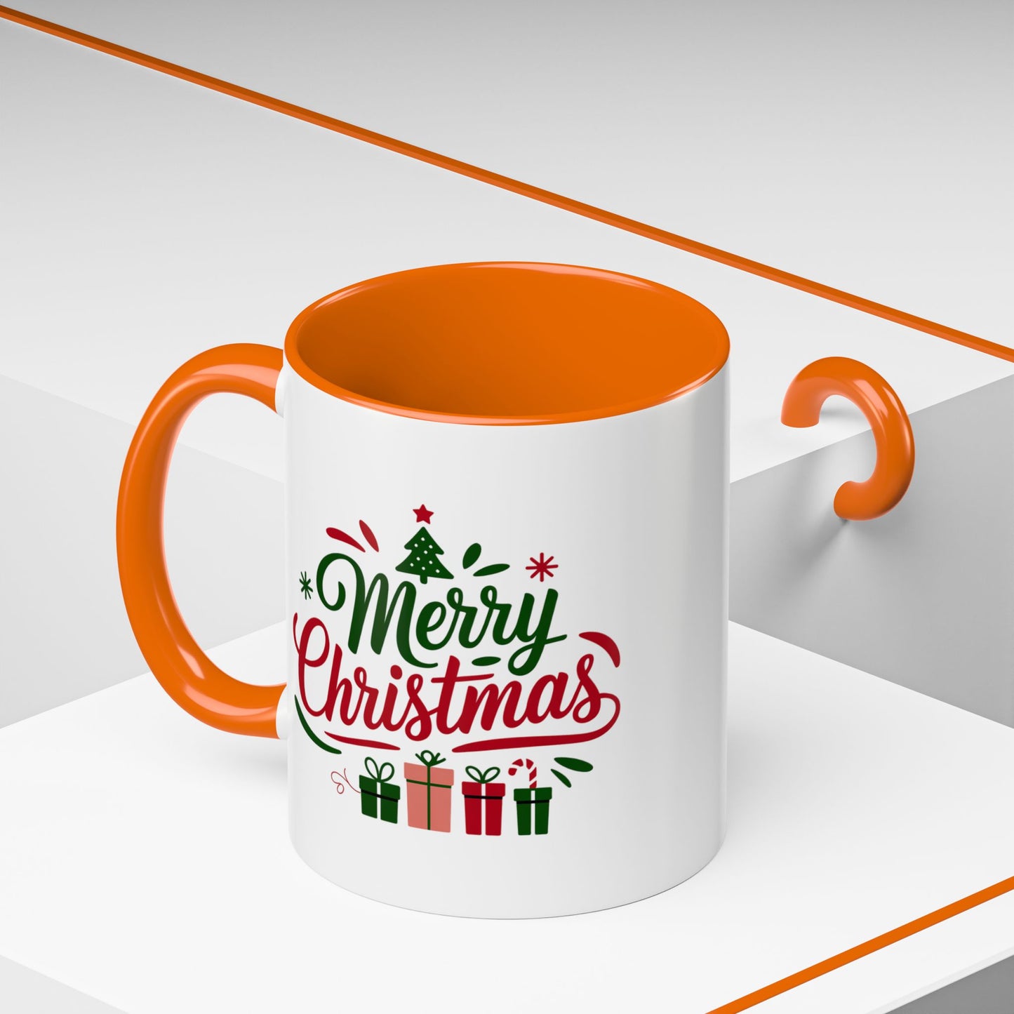 Christmas Mug - Merry Christmas Green & Red Text Tree Snowflakes Presents