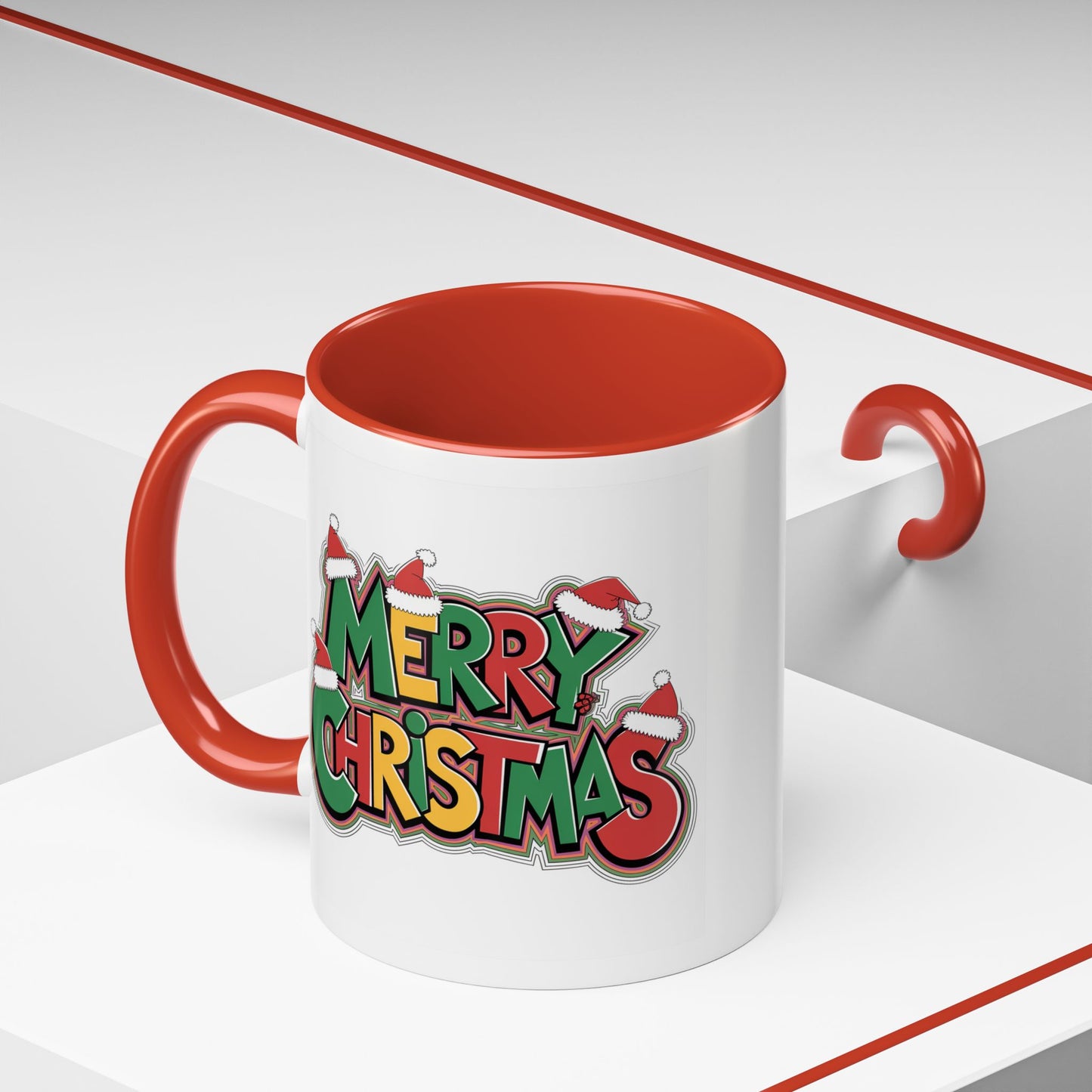 Christmas Mug - Merry Christmas Green Yellow & Red Text Hats