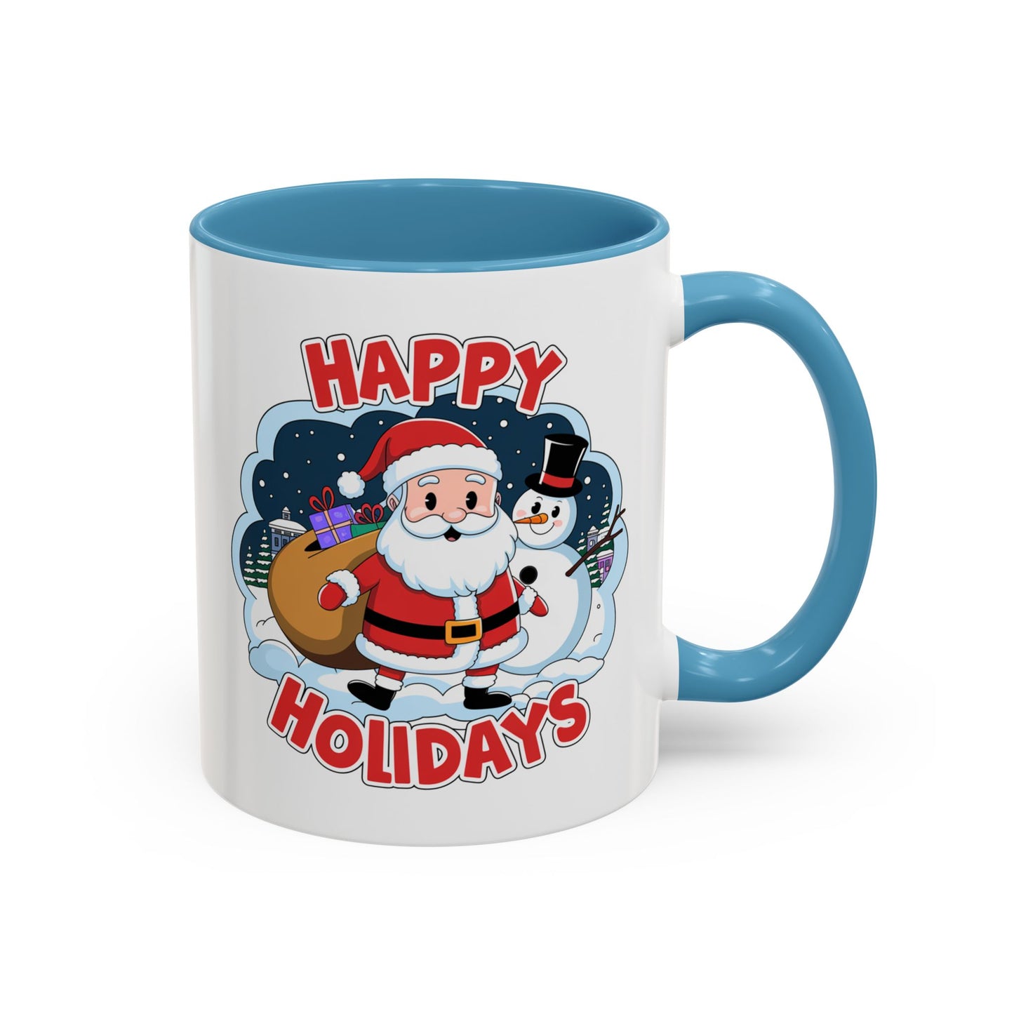 Christmas Mug - Happy Holidays Red & White Text Santa Snowman