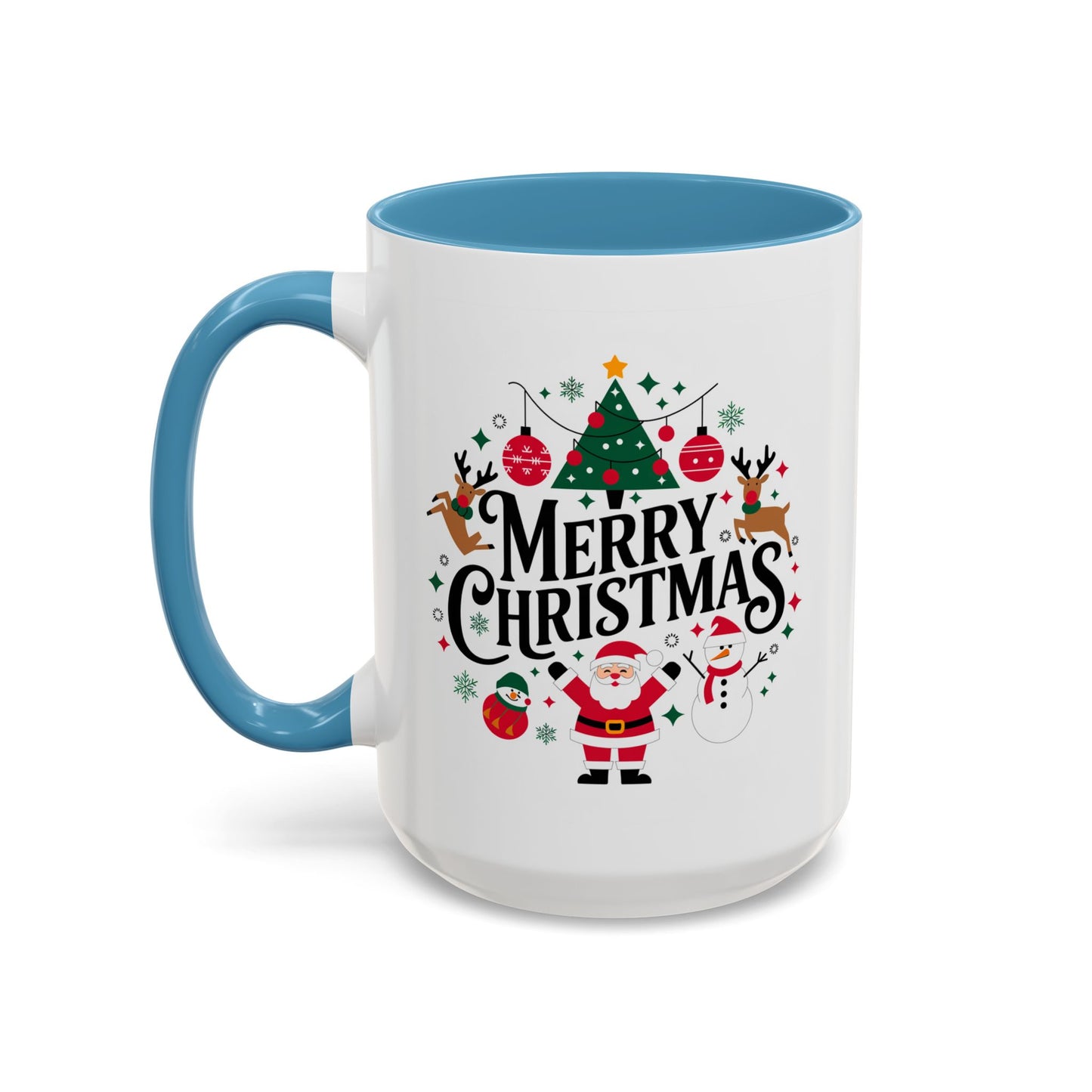 Christmas Mug - Merry Christmas Black Text Santa Reindeer Snowmen Ornaments