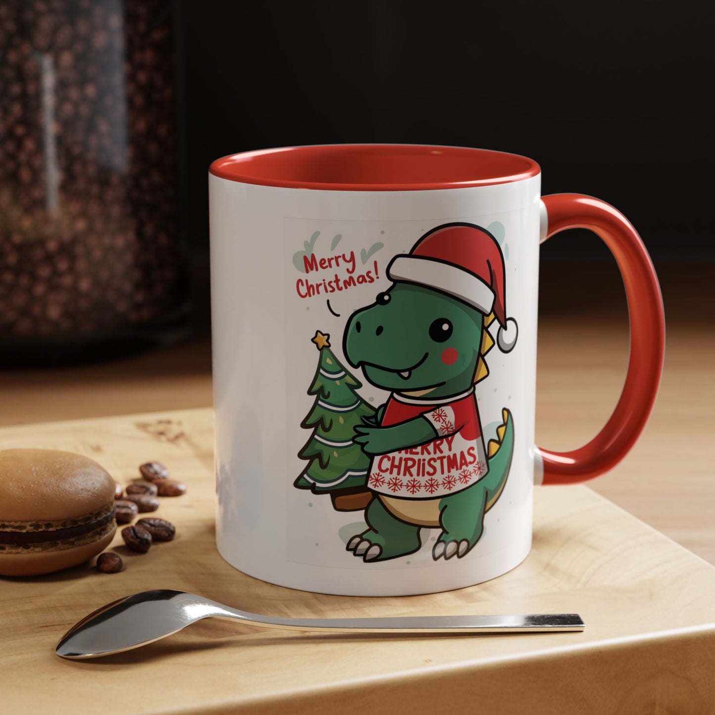 Christmas Mug - Merry Christmas Red Text Dinosaur Tree