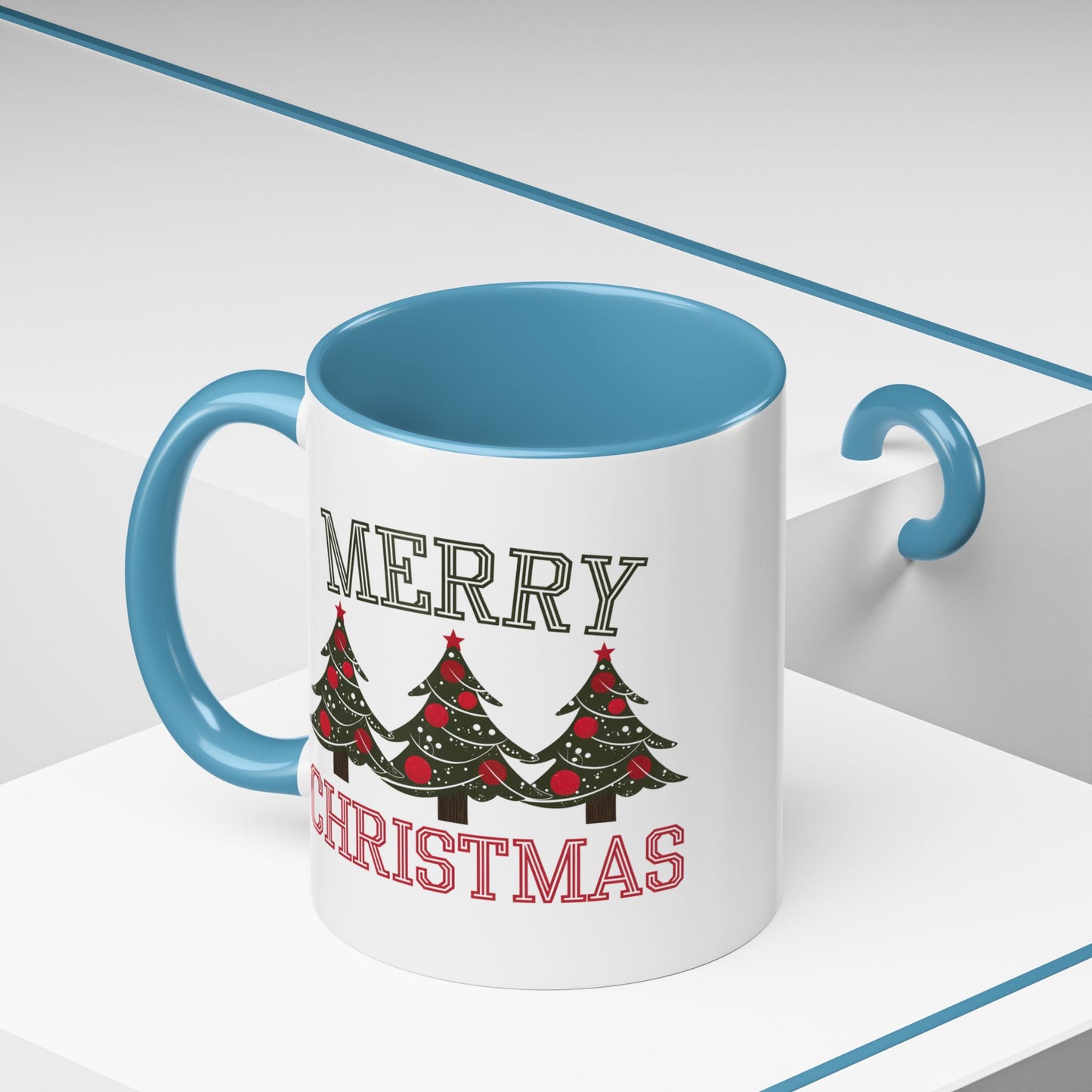 Christmas Mug - Merry Christmas Green & Red Text Decorative Trees