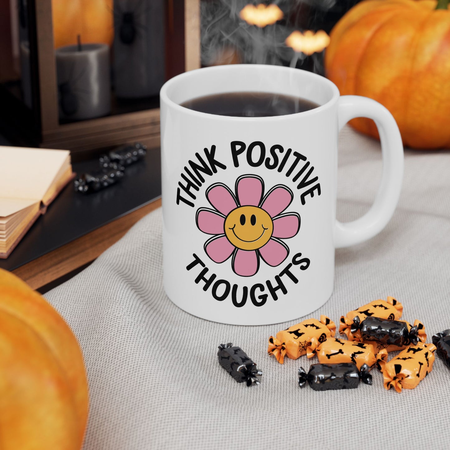 Motivation Mug - Think Positive Thoughts Retro Flower