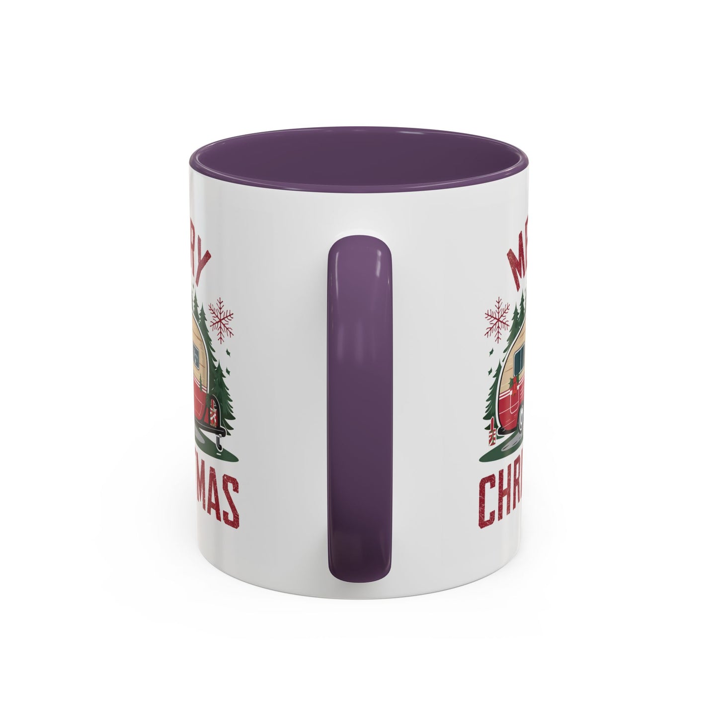 Christmas Mug - Merry Christmas Maroon Text Camper Trees Snowflakes