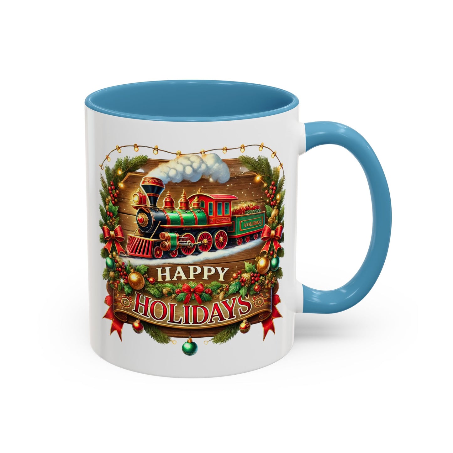 Christmas Mug - Happy Holidays White & Red Text Steam Locomotive