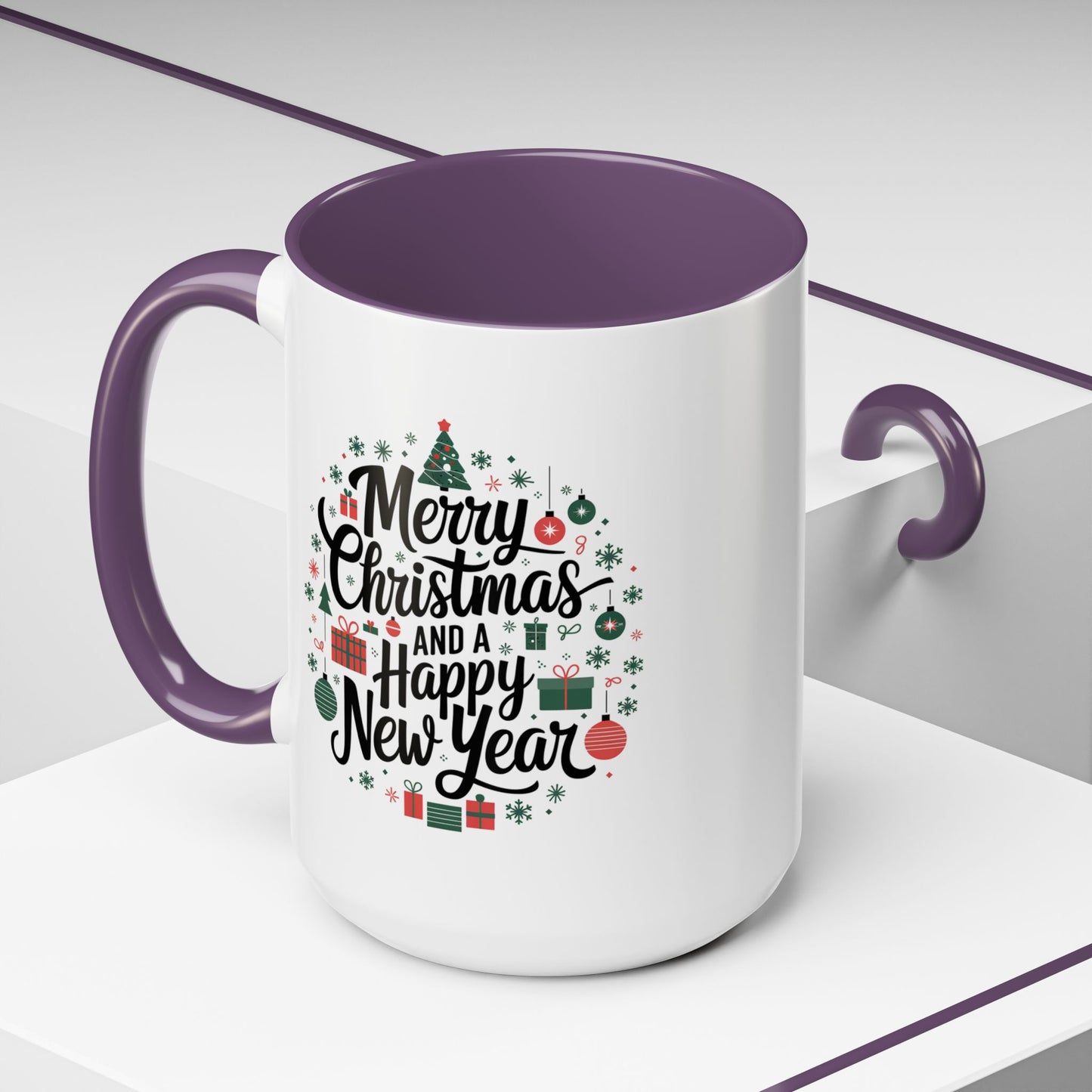 Christmas Mug - Merry Christmas and a Happy New Year Black Text Tree Ornaments Presents