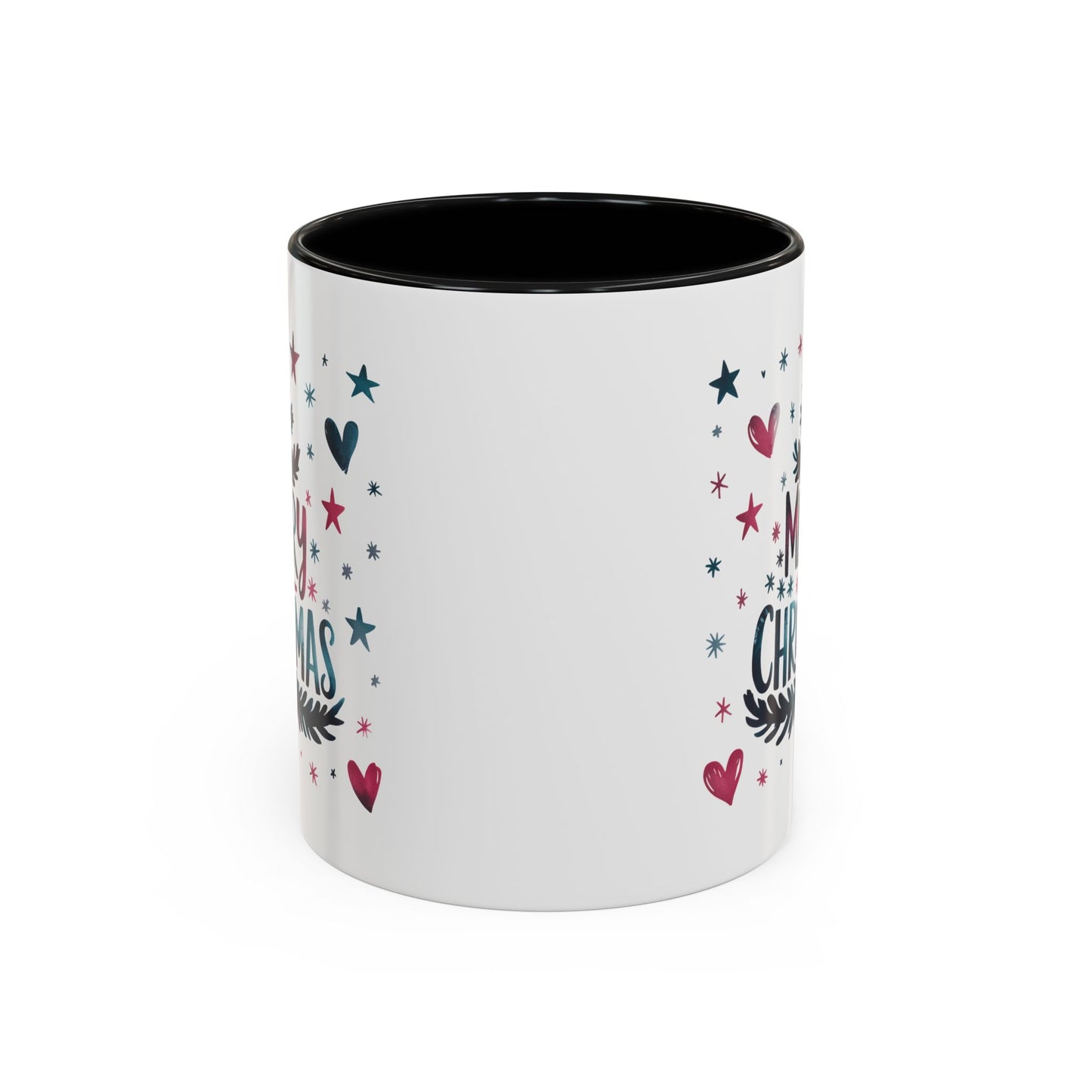 Christmas Mug - Merry Christmas Maroon & Blue Text Tree Hearts Stars
