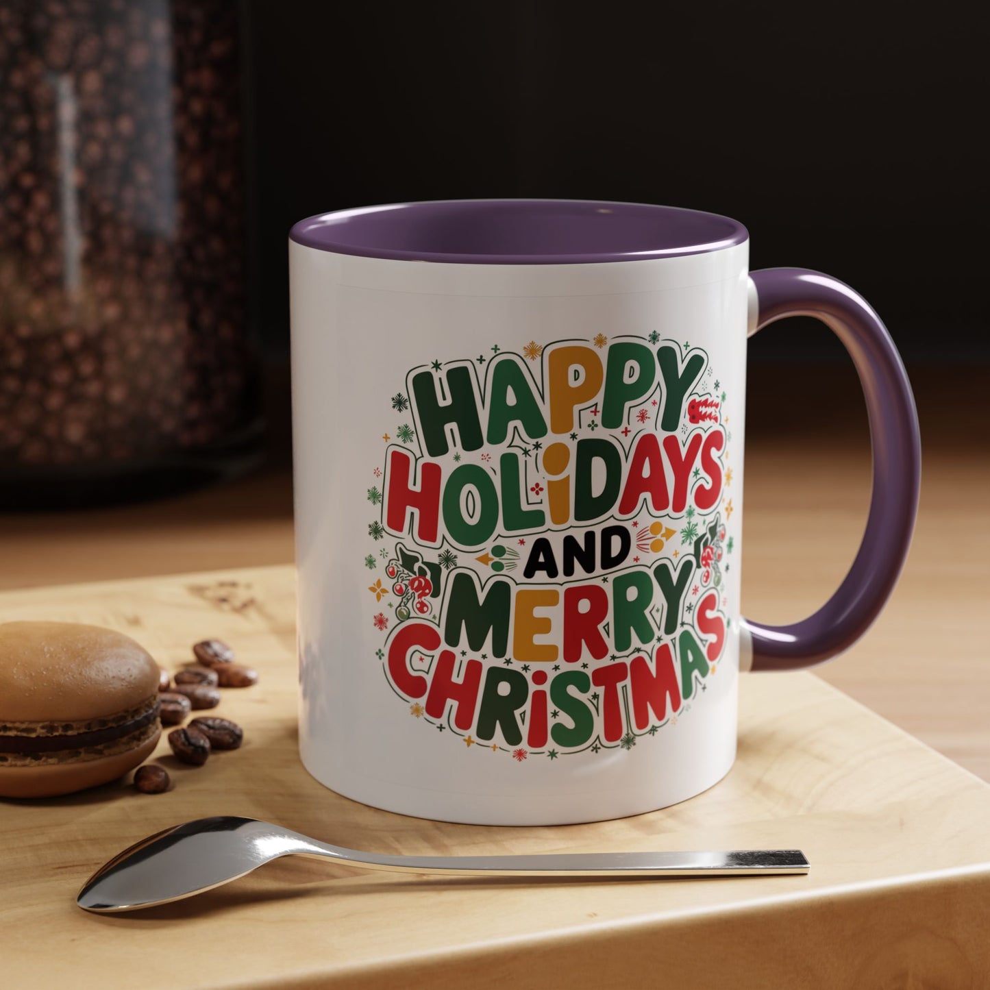 Christmas Mug - Happy Holidays and Merry Christmas Blue Green Yellow Red Text