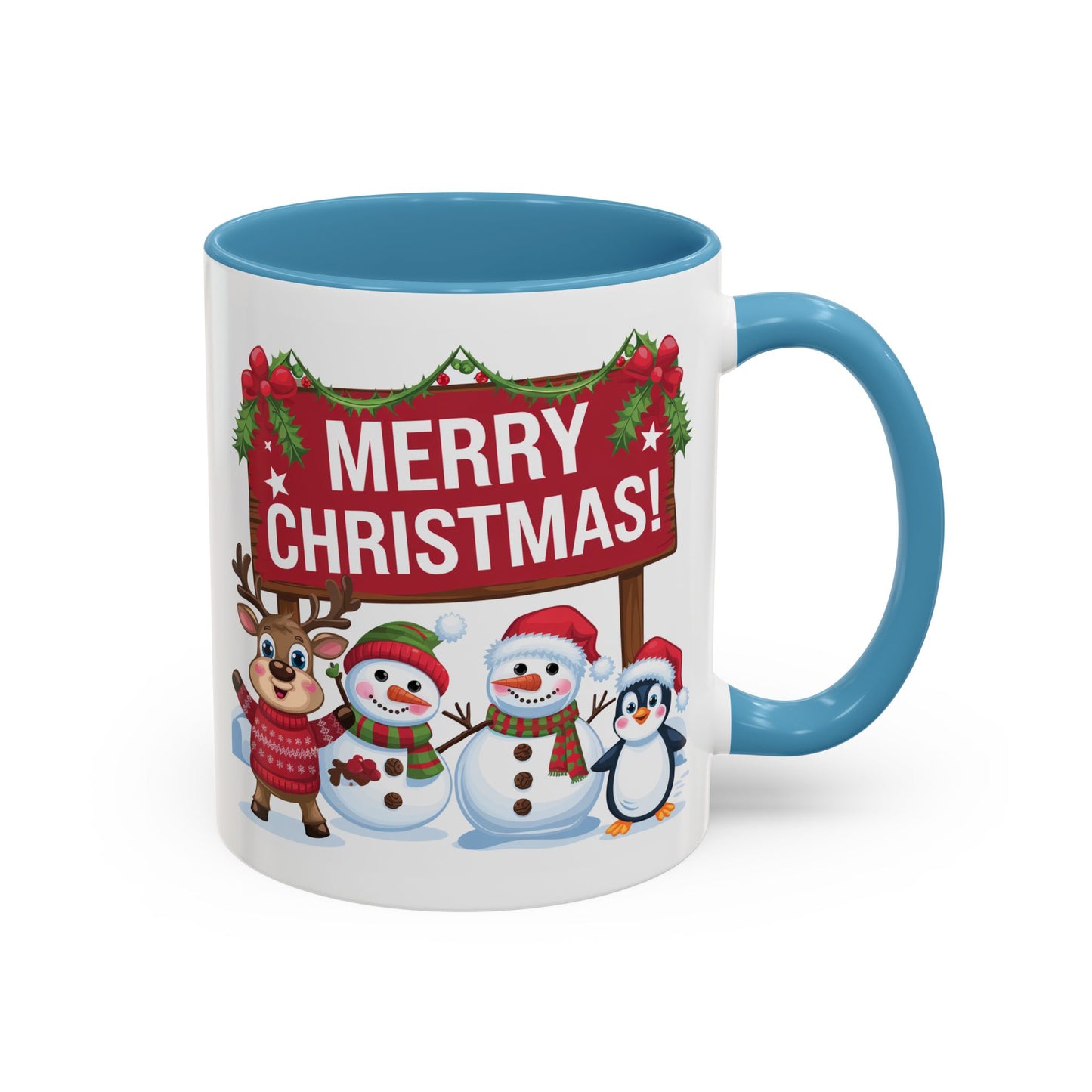 Christmas Mug - Merry Christmas White Text Reindeer Snowmen Penguin