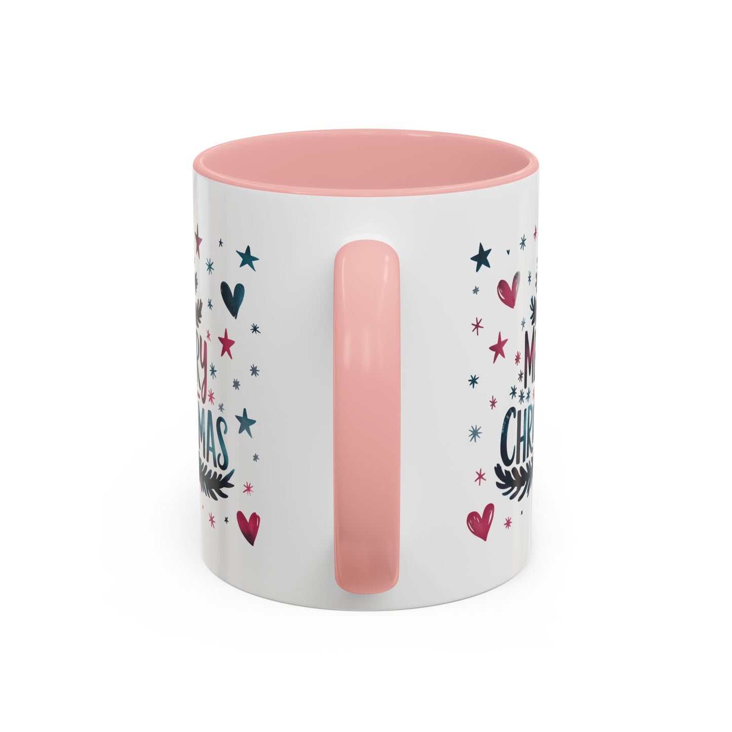 Christmas Mug - Merry Christmas Maroon & Blue Text Tree Hearts Stars
