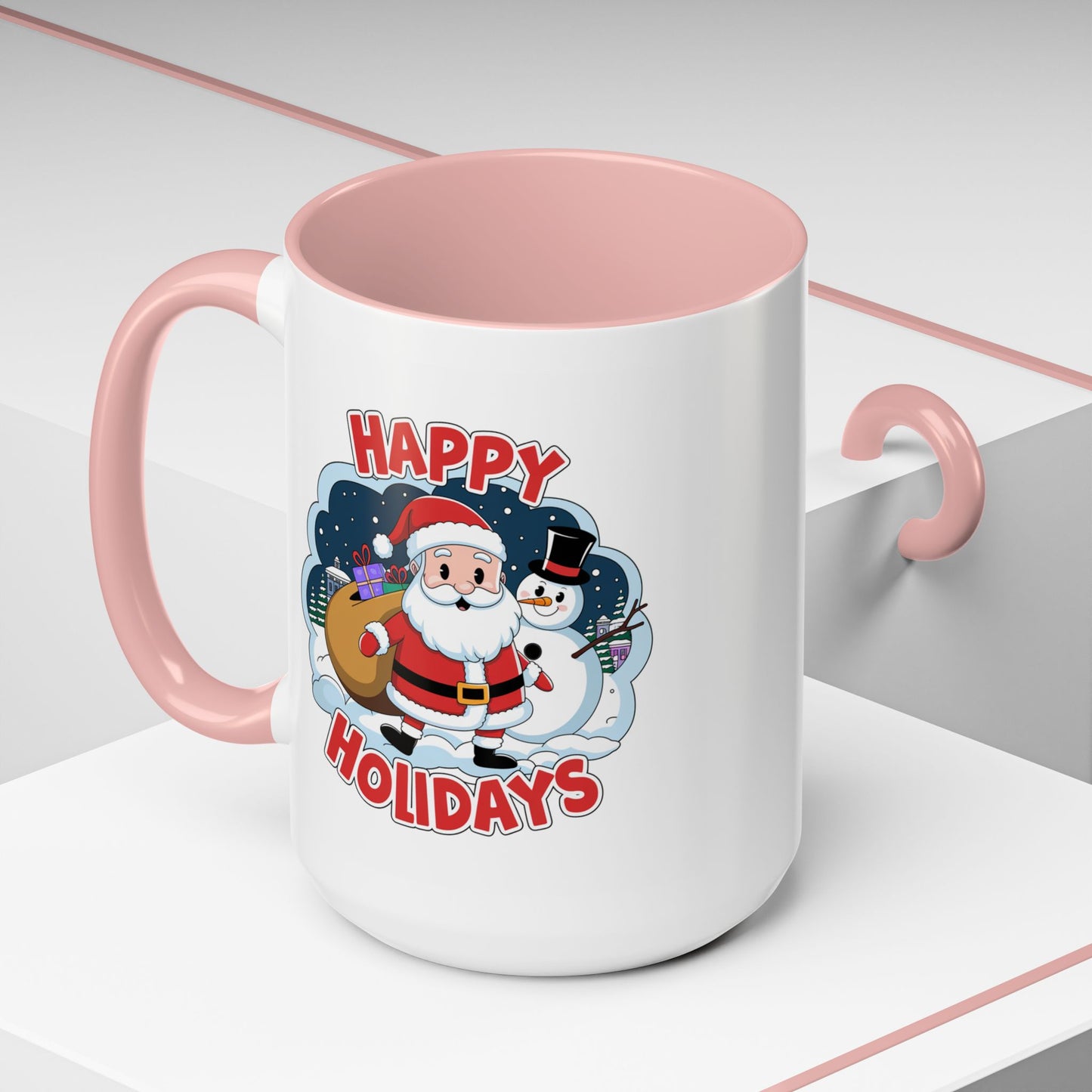 Christmas Mug - Happy Holidays Red & White Text Santa Snowman