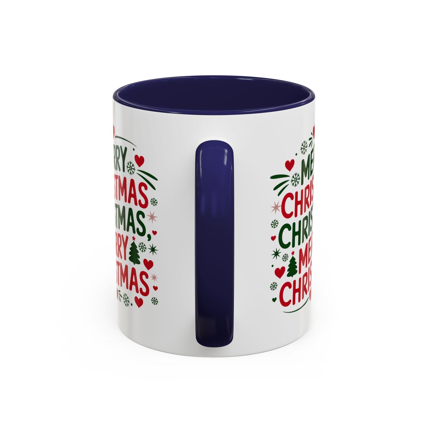 Christmas Mug - Merry Christmas Green & Red Text Trees Hearts Snowflakes Stars