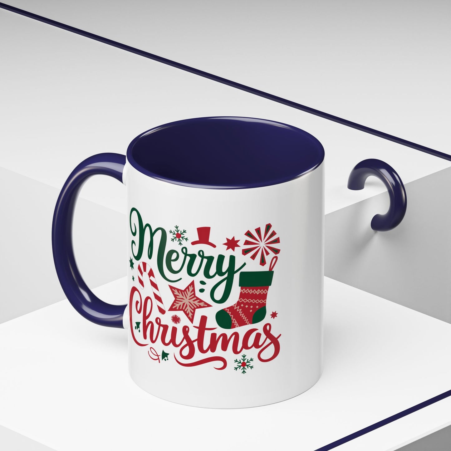 Christmas Mug - Merry Christmas Green & Red Text Star Candy Cane Stocking Snowflake
