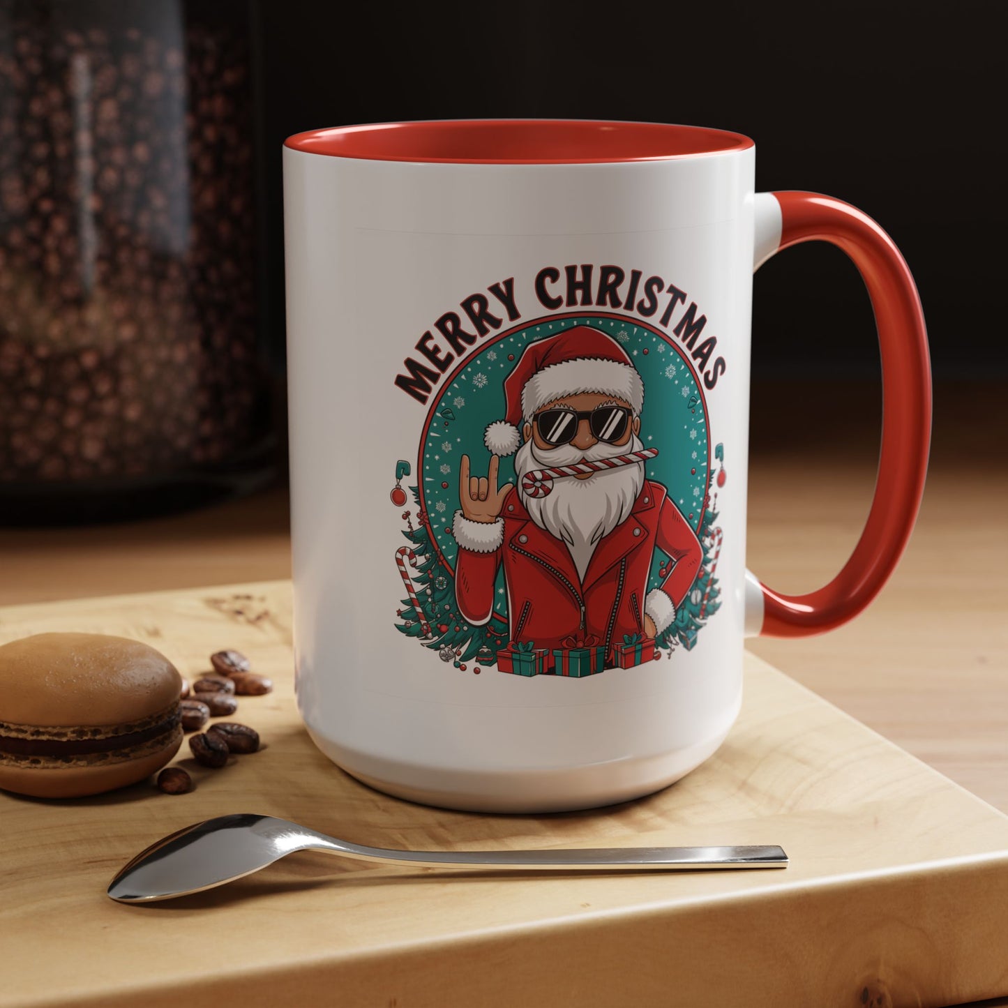 Christmas Mug - Merry Christmas Black & Red Text Cool Santa