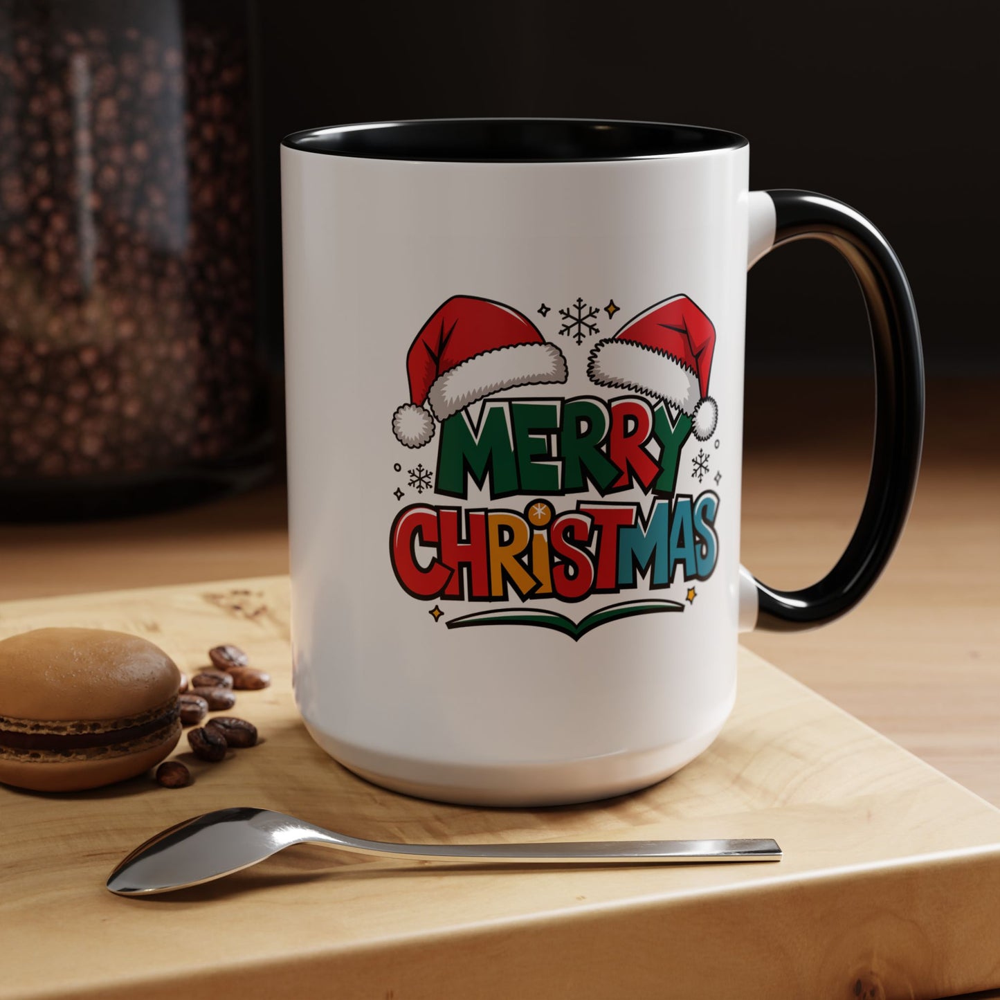 Christmas Mug - Merry Christmas Green Red Yellow and Blue Text Red Hats