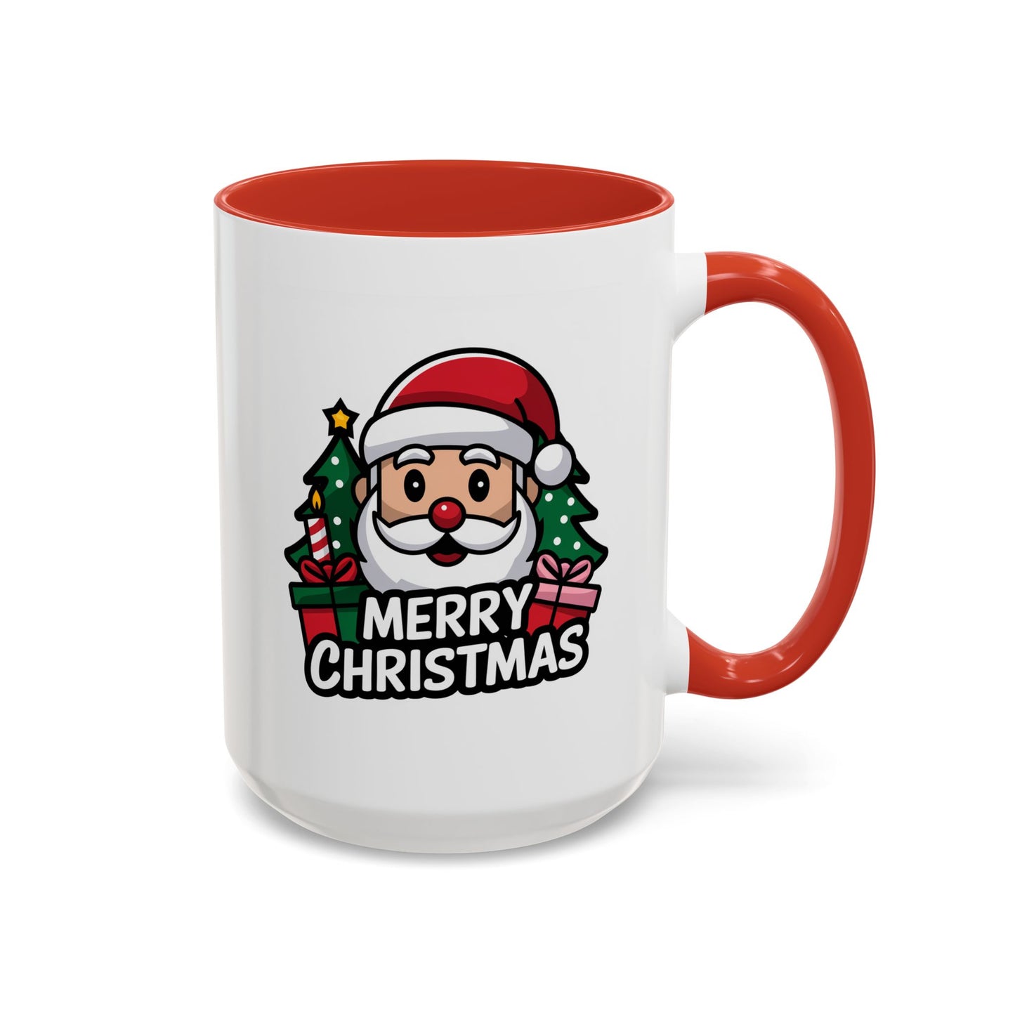 Christmas Mug - Merry Christmas White & Black Text Santa Trees Presents