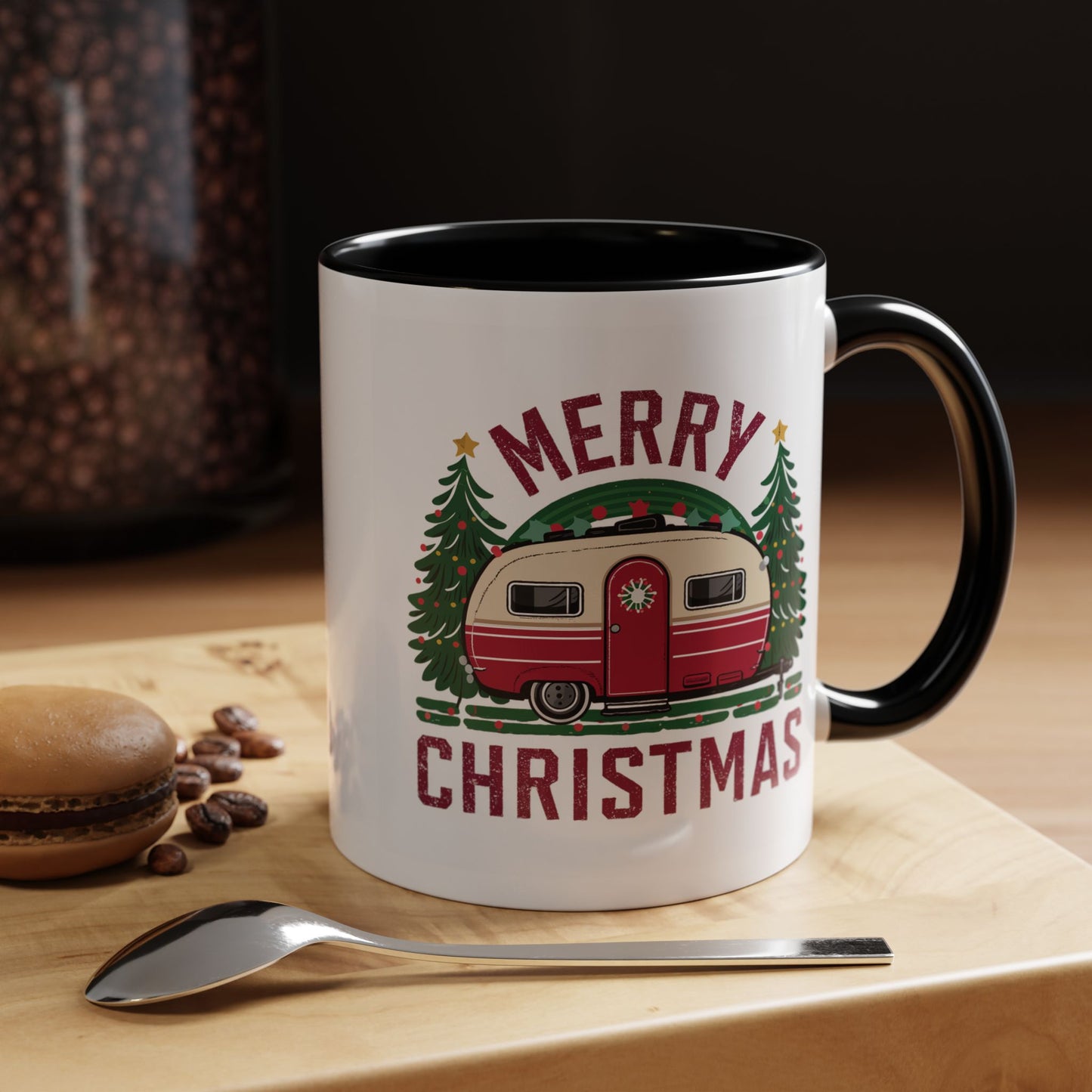 Christmas Mug - Merry Christmas Maroon Text Camper Trees