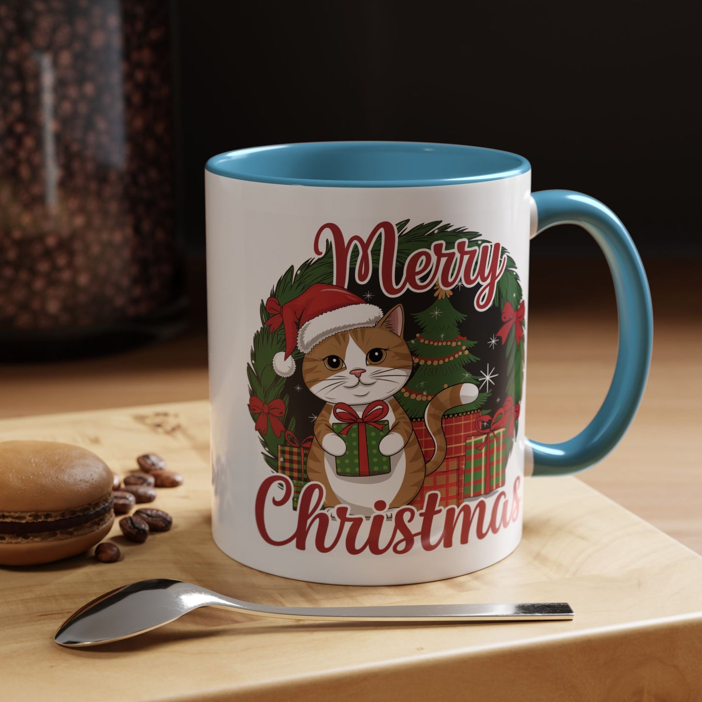 Christmas Mug - Merry Christmas Red Text Cat Presents Wreath