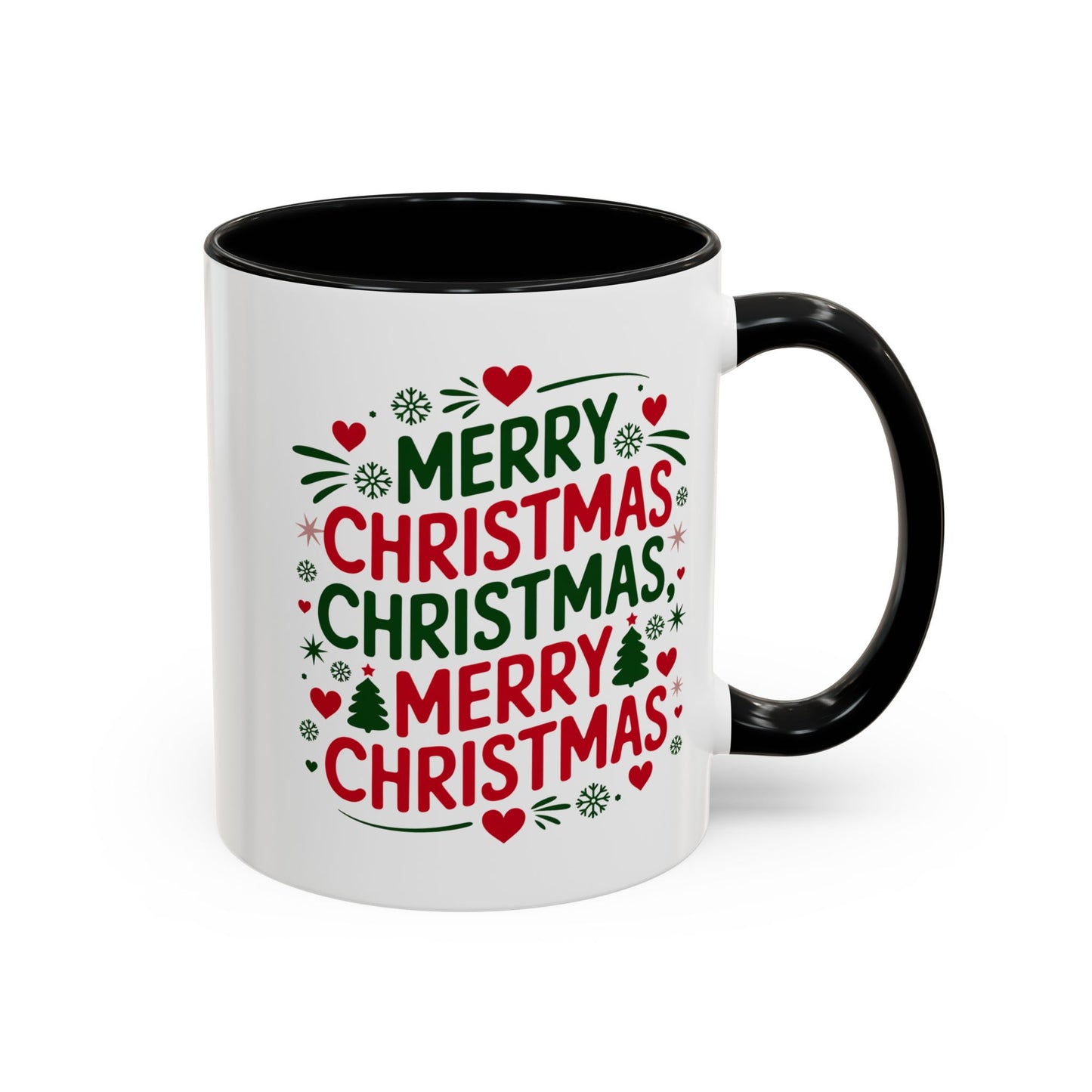 Christmas Mug - Merry Christmas Green & Red Text Trees Hearts Snowflakes Stars