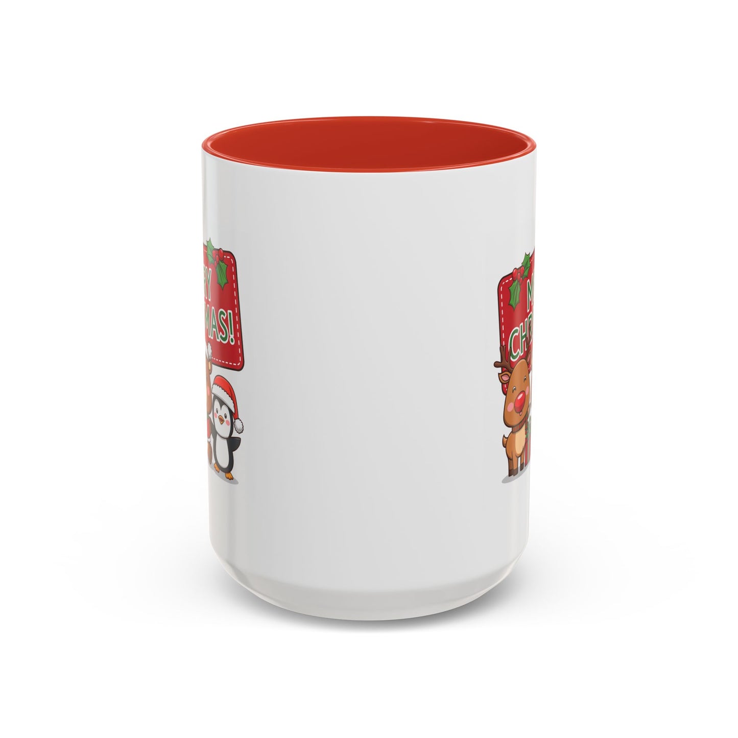 Christmas Mug - Green Text Red Banner Reindeer Bear Penguin