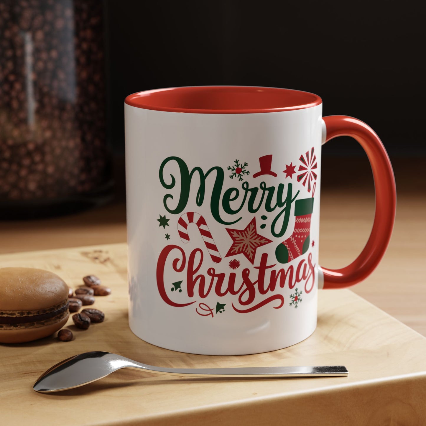 Christmas Mug - Merry Christmas Green & Red Text Star Candy Cane Stocking Snowflake