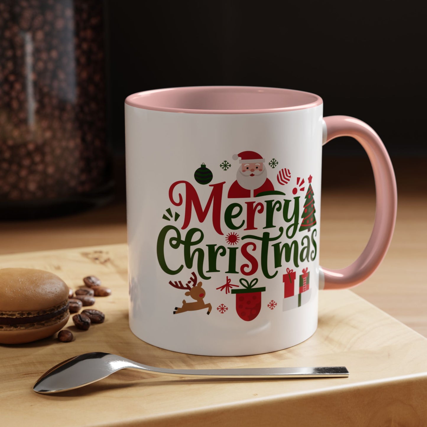 Christmas Mug - Merry Christmas Red & Green Text Santa Reindeer Tree Sleigh Ornaments