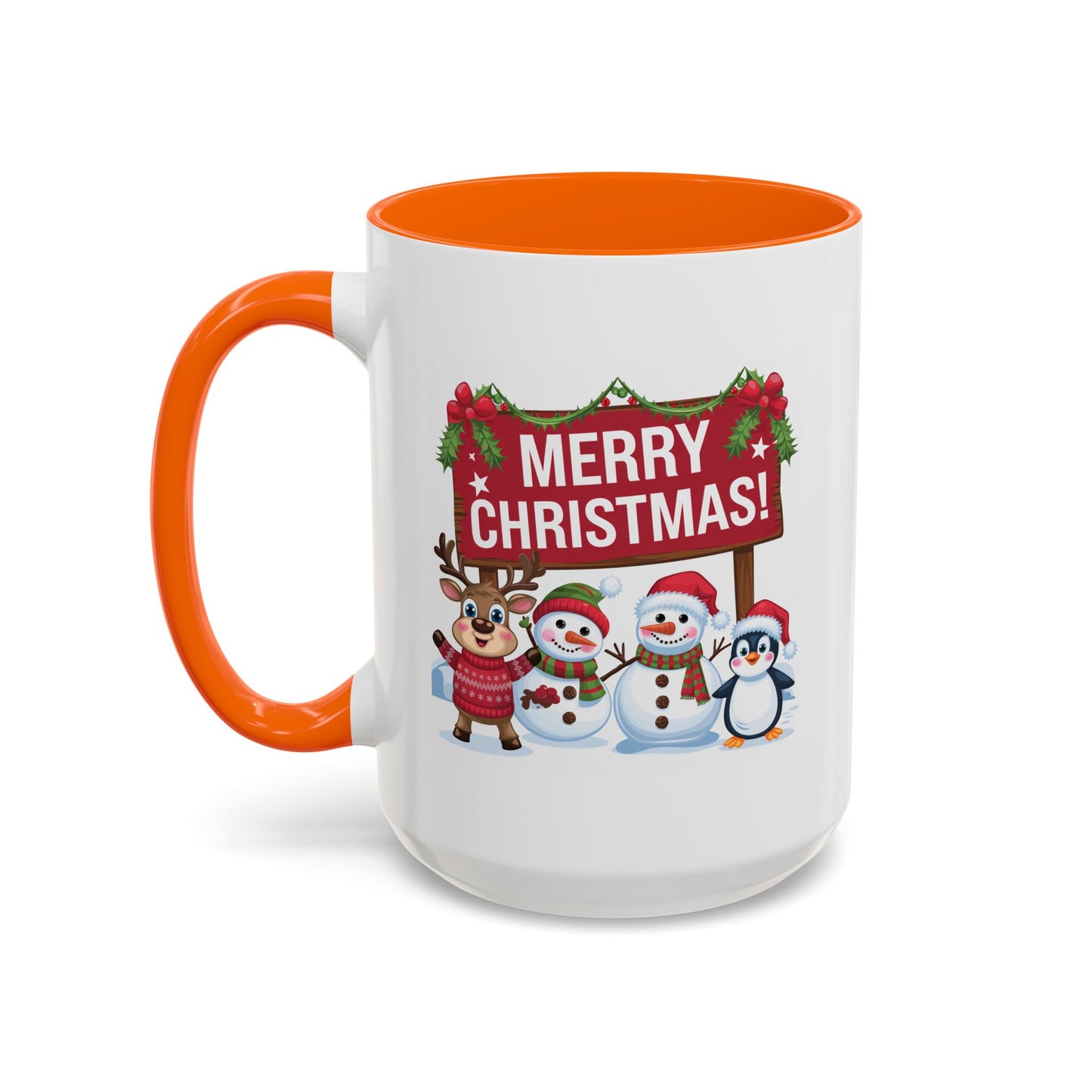 Christmas Mug - Merry Christmas White Text Reindeer Snowmen Penguin