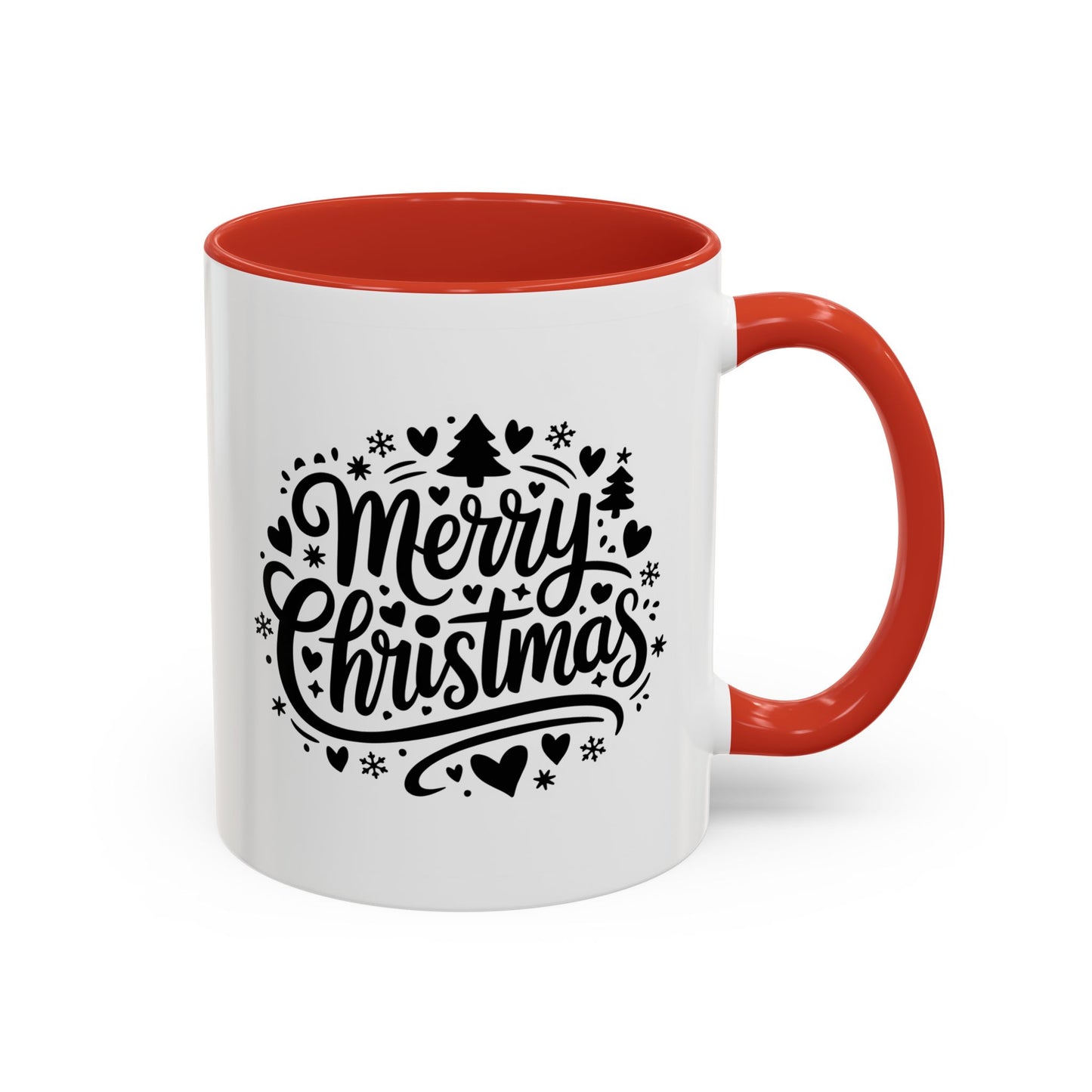 Christmas Mug - Merry Christmas Black Text Trees Snowflakes Hearts