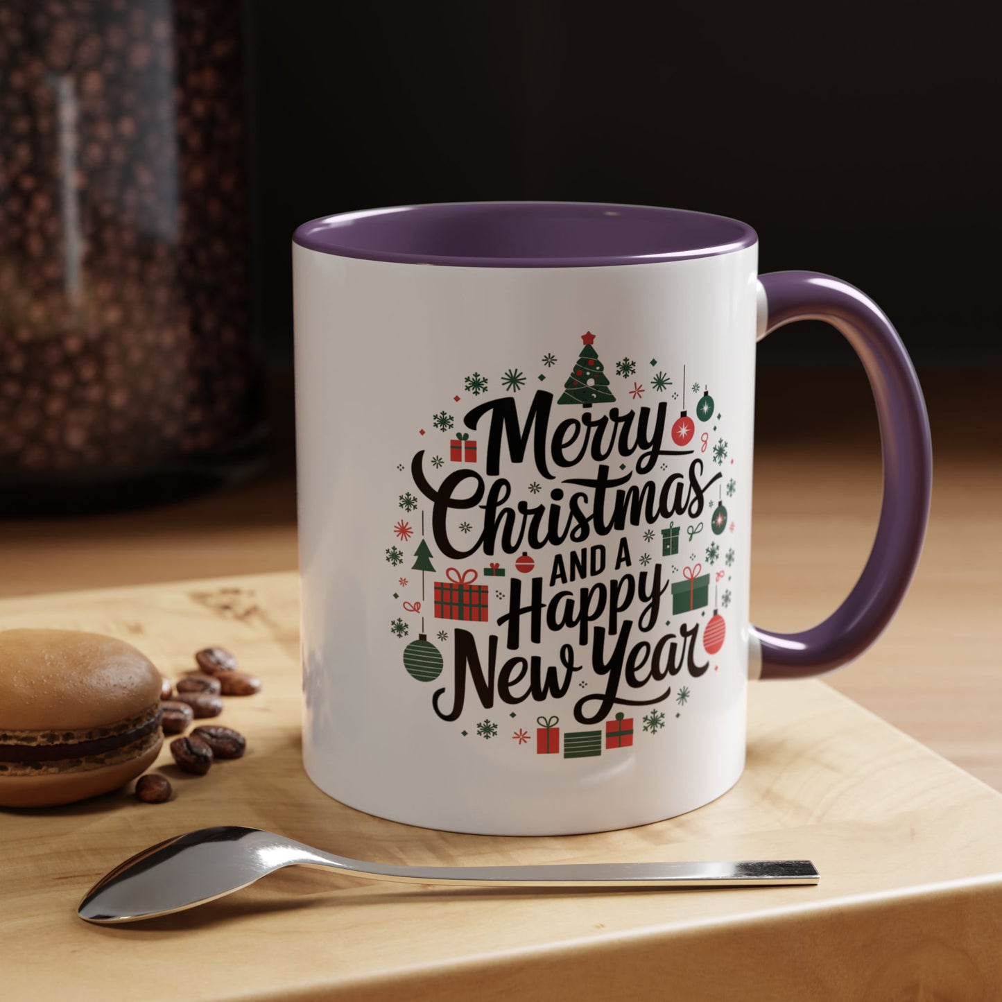 Christmas Mug - Merry Christmas and a Happy New Year Black Text Tree Ornaments Presents