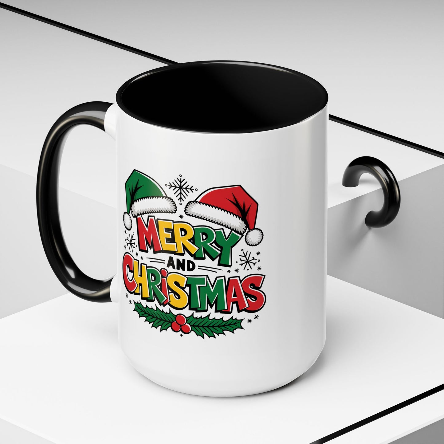 Christmas Mug - Merry Christmas Red Yellow & Green Text Green & Red Hat